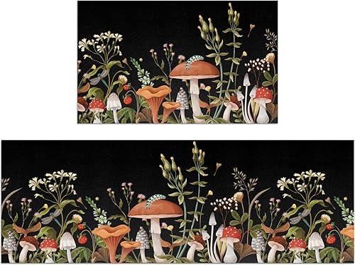 HOLVDENG Juego de 2 tapetes de cocina con diseño de hongos, antideslizantes, gruesos, para suelo, cómodos tapetes de pie para decoración de cocina,