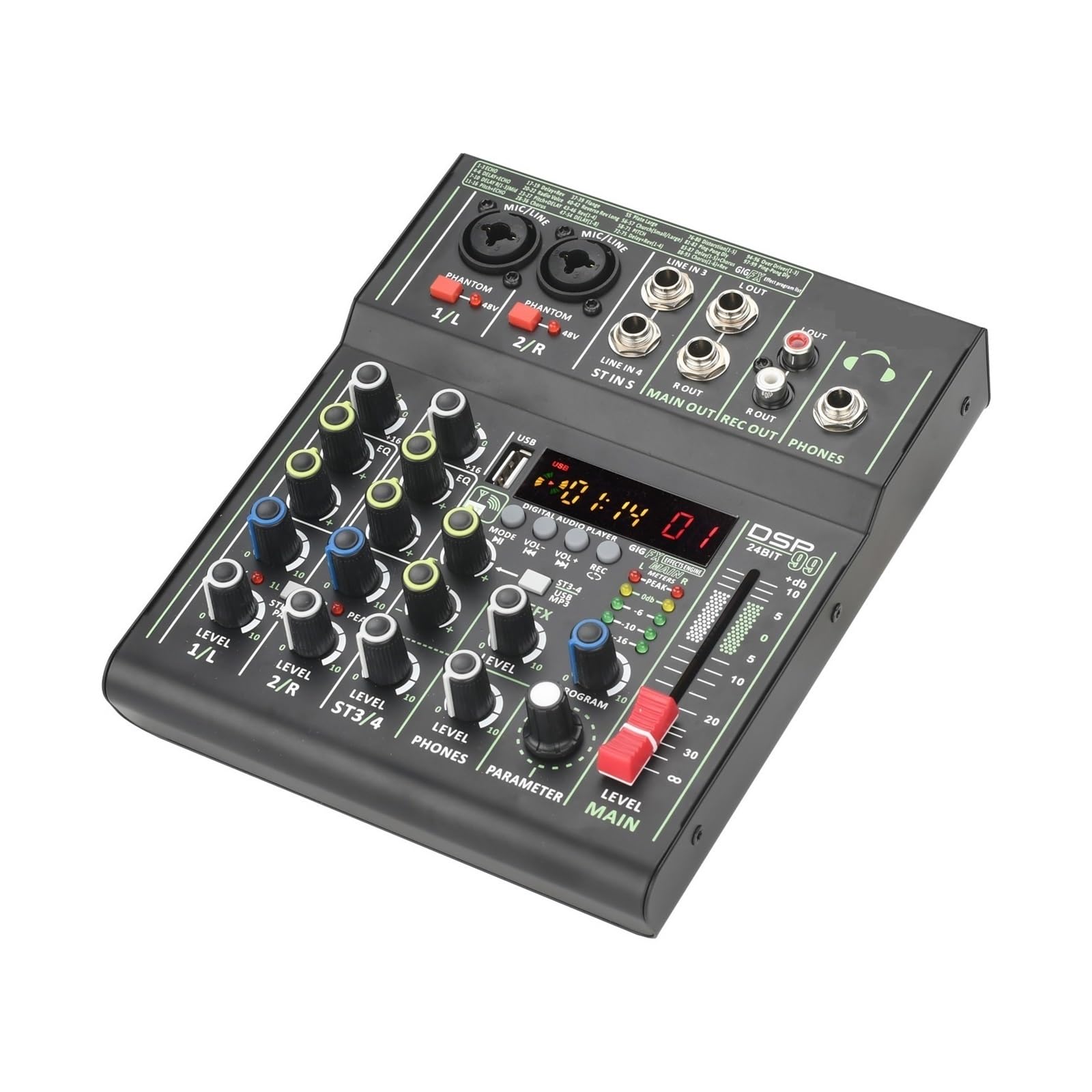 Mikser audio, Mini przenośny mikser audio z 99 efektami DSP, 4 kanałami, USB, odtwarzanie i nagrywanie, indywidualne miksowanie dźwięku zasilaniem Phantom +48 V do karaoke w studiu