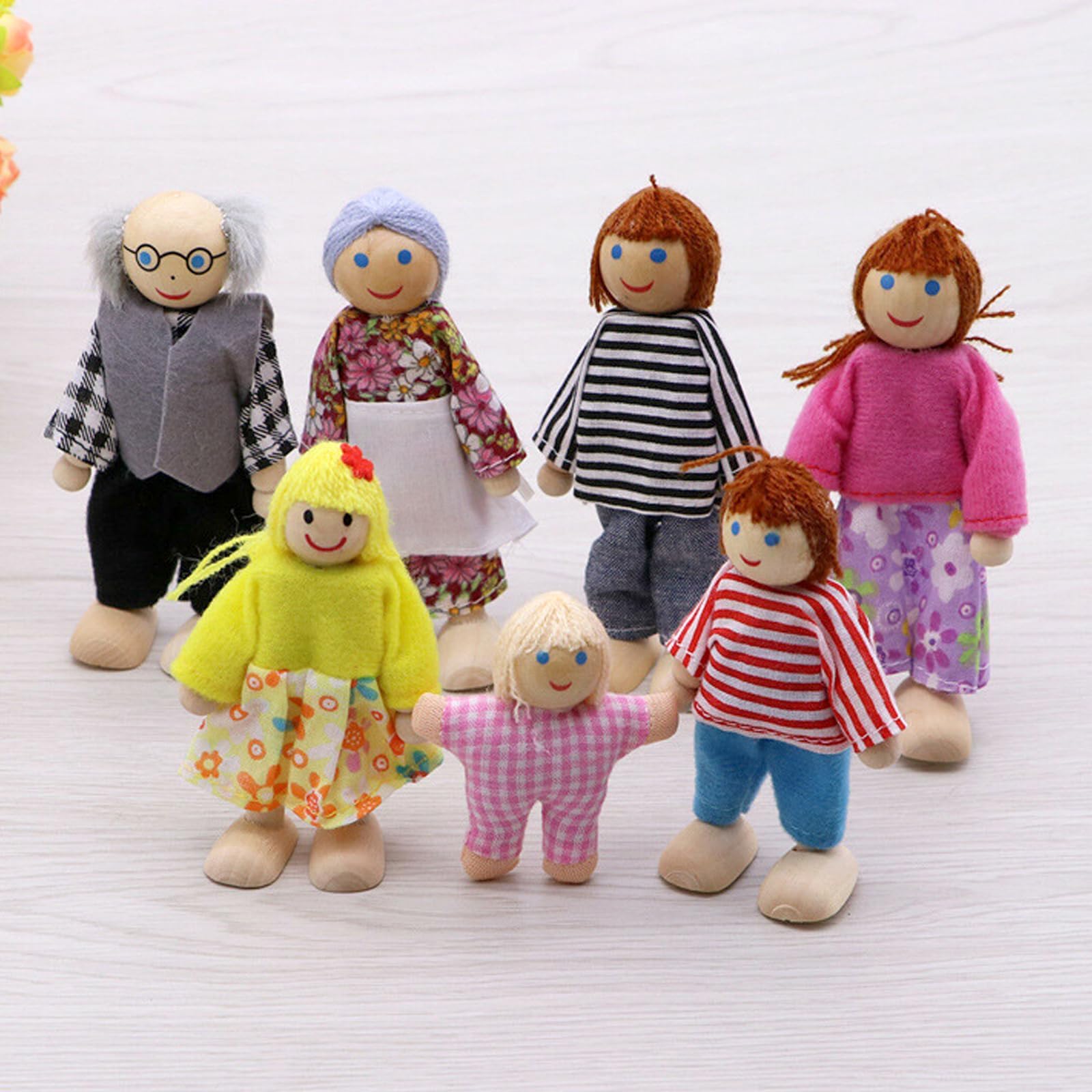 BDSHUNBF Casa delle bambole in Legno, Set di 7 Persone, Famiglia Bambole, Set Famiglia di Persone, Happy Family Dolls per Casa Bambole Legno Accessori Regalo