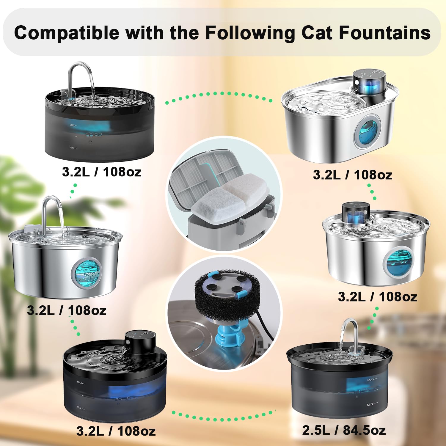 Zemiu Filtro Fontanella per Gatti 16 Pezzi, 8 Pezzi Filtro + 8 Pezzi di Spugna de Fontanella per Gatti Per Fontana Gatto 3.2L,2.5L (108oz,84oz) con Carbone Attivo e Resina-Tripla Filtrazion