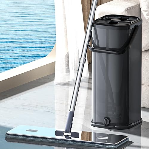 SWIFTIRON Trapeador y cubo de acero inoxidable con escurridor para el hogar, trapeador plano manos libres con 4 cabezales de mopa de microfibra
