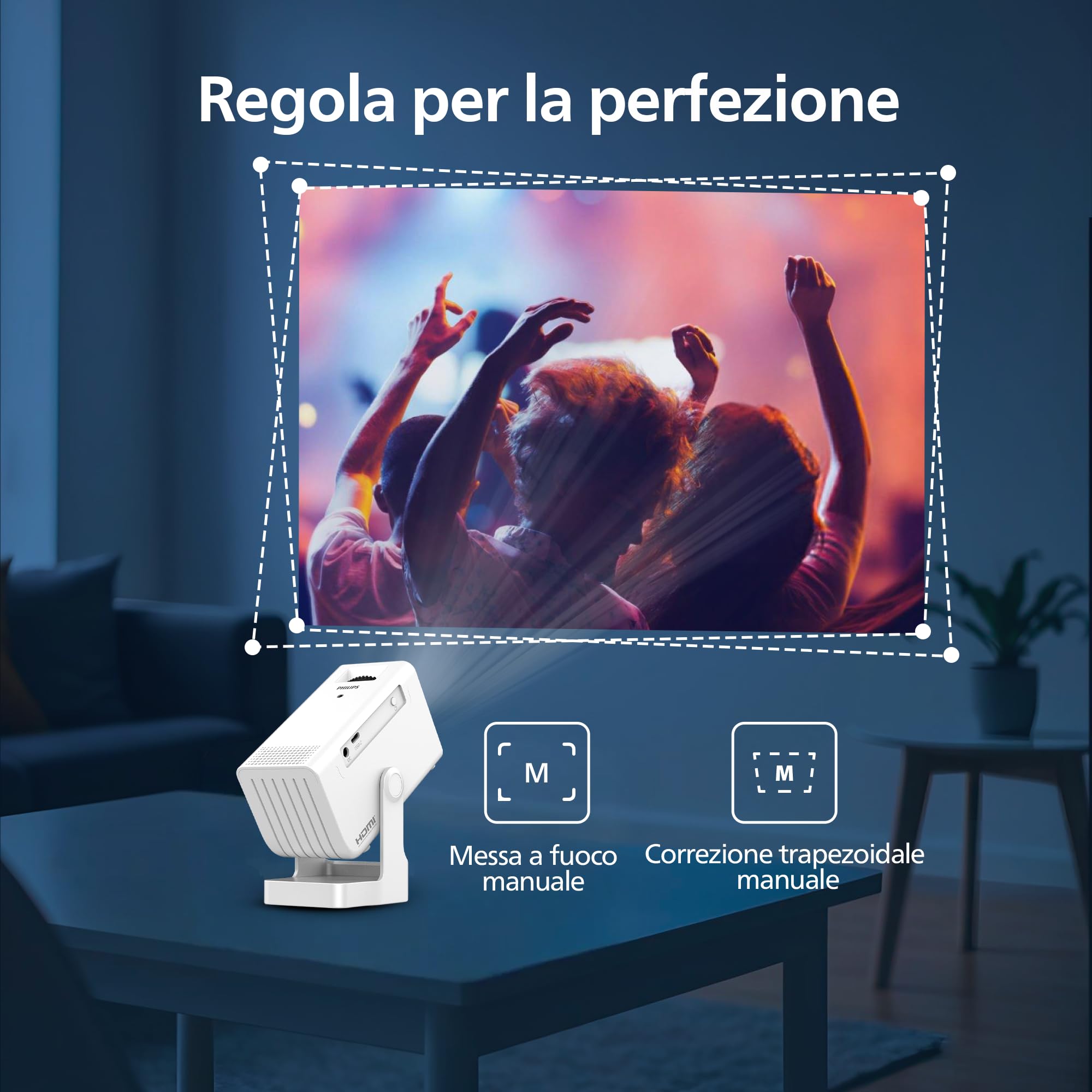 Philips, Neopix 140, Proiettore Home Theatre, Risoluzione 1280x720p, Rotativo a 180 gradi, Modalità Specchio, Wi-FI 6, Audio Stereo 2x3 Watt, Bianco