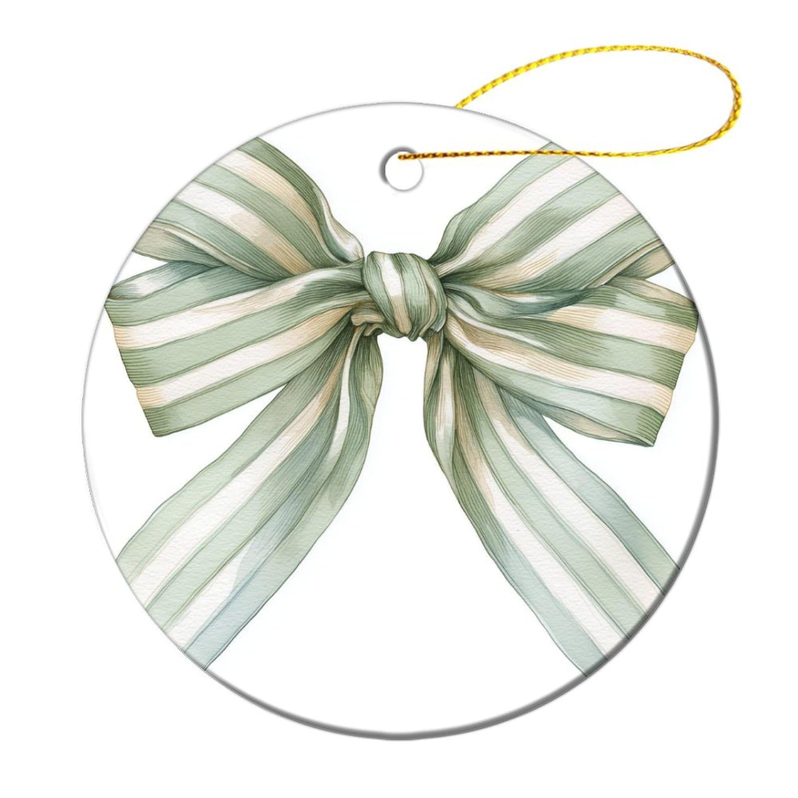 Pastel Colored Green And White Striped Bow Christmas Tree Hanging Ornaments,2 Pieces, 7.2CM Round Double-Sided
