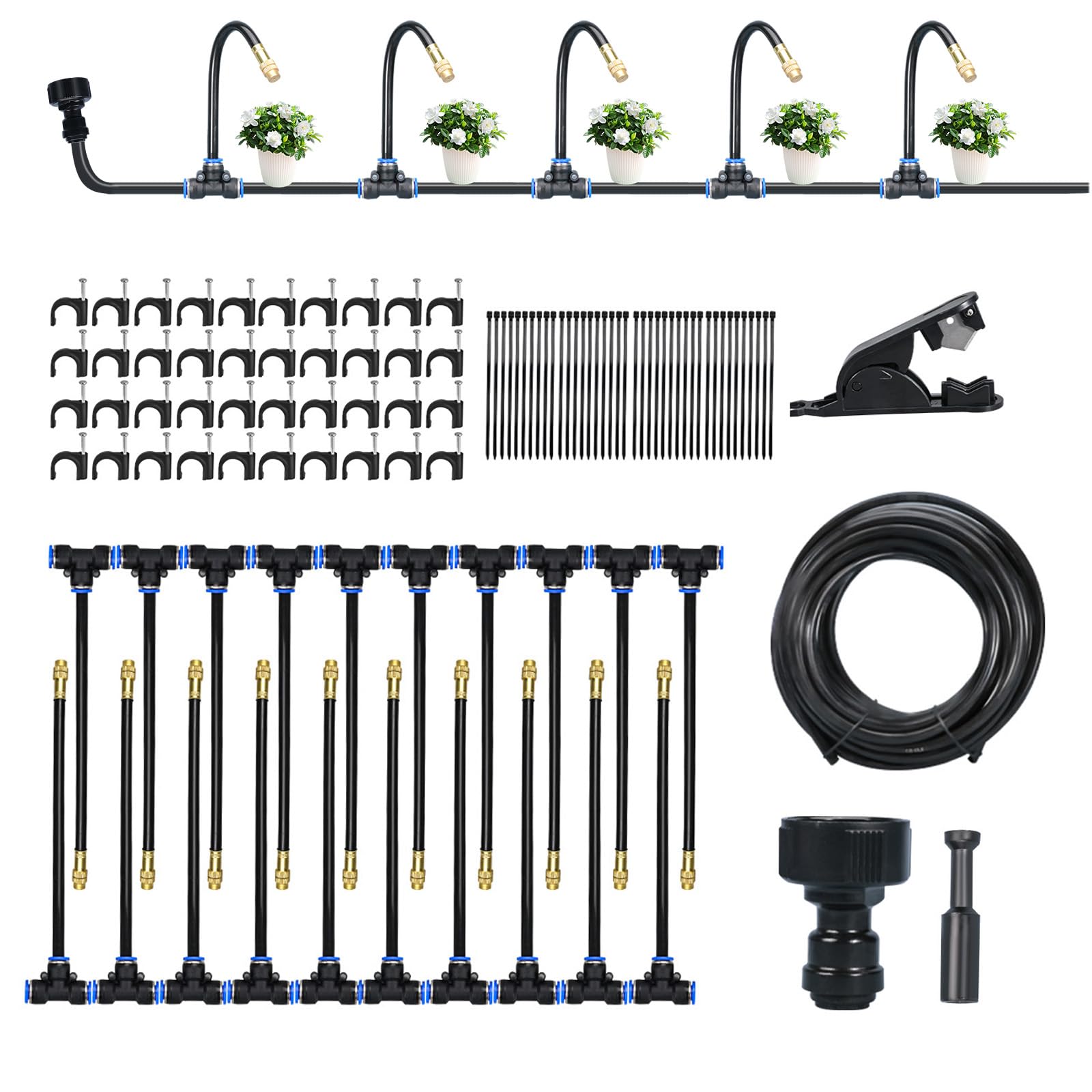 DEMORA Kit de riego automático por goteo de 66 pies, manguera de riego flexible con múltiples cabezales de aspersor, sistema de nebulización para jardín, patio, plantas al aire libre, invernadero