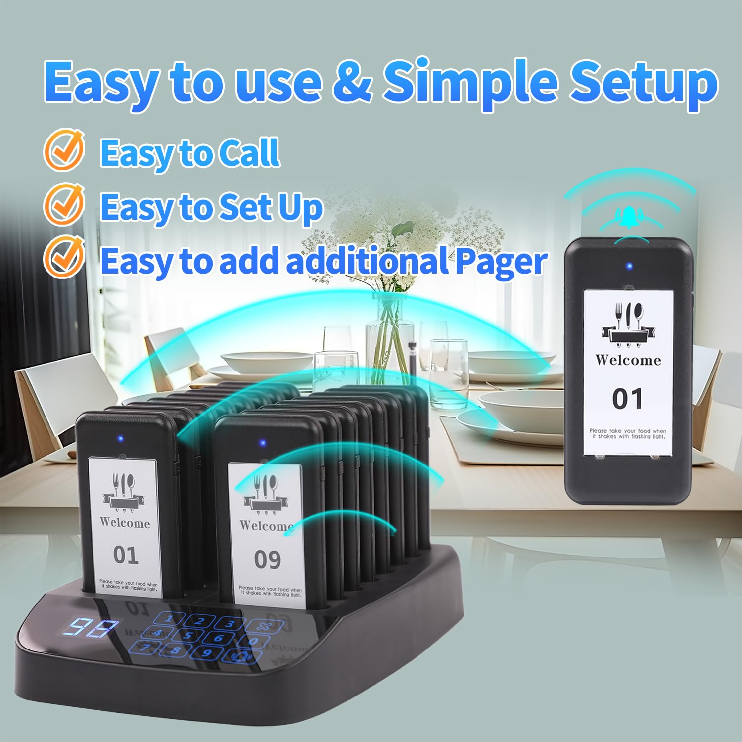 Sistema de buscapersonas de restaurante, 16 captadores inalámbricos, teclado de visualización táctil, llamadas a clientes esperando buscapersonas con flash de vibración y zumbador para cola