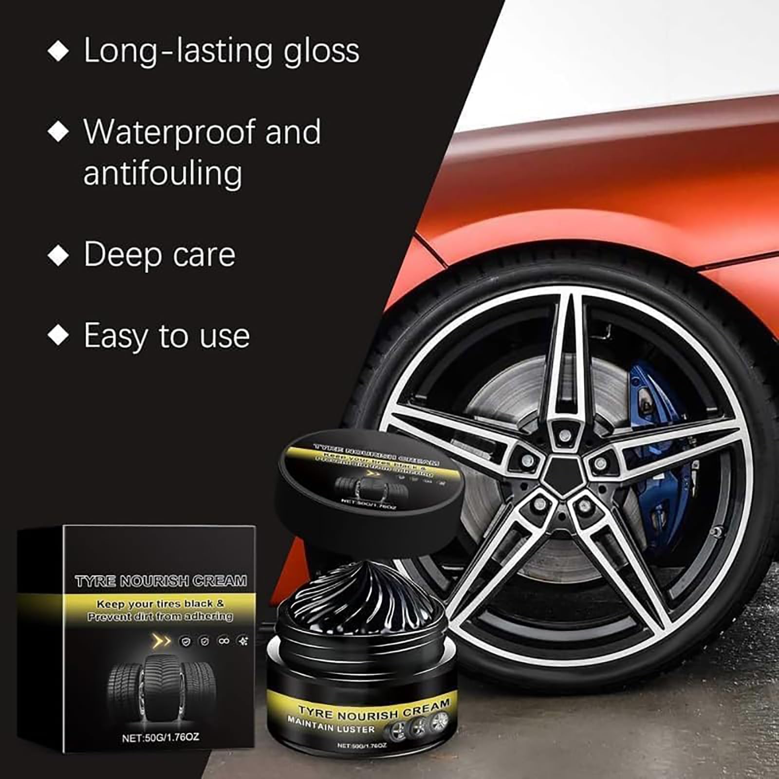 Tyre Nourish Cream, Tire Coating Paste, Powerful Wheel Cleaning Refurbish Wax, Car Tires & Plastic Trim Renewal Paste, for Car Trucks Motorcycles Tires, Restores Black Gloss, Blocks UV (2PCS) — view 3