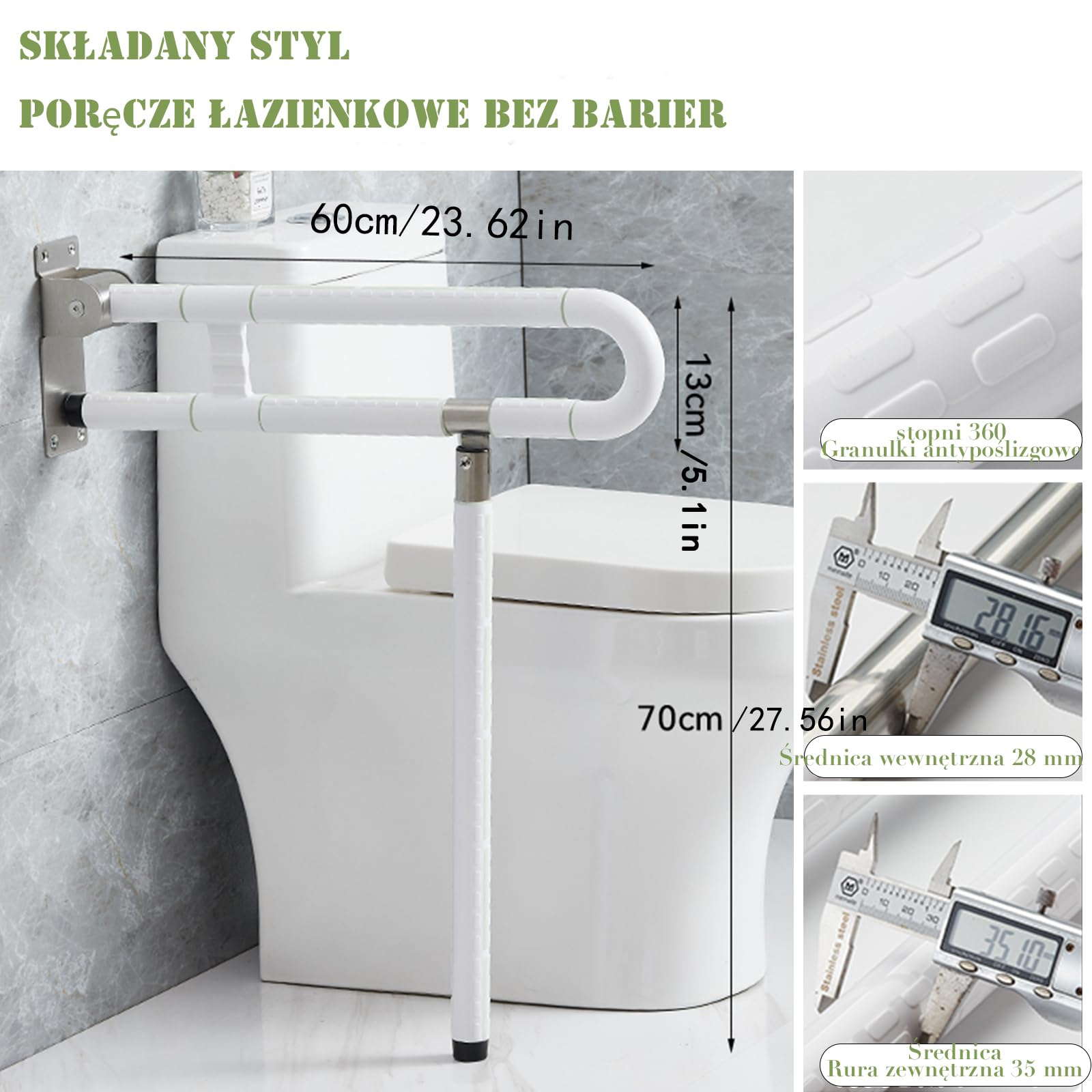 Uchwyt ścienny do toalety, 60 cm dla seniorów, niepełnosprawnych, uchwyt do WC, składany, uchwyt pomocniczy do wstawania, antypoślizgowe uchwyty toaletowe dla seniorów (biały, z nogami)