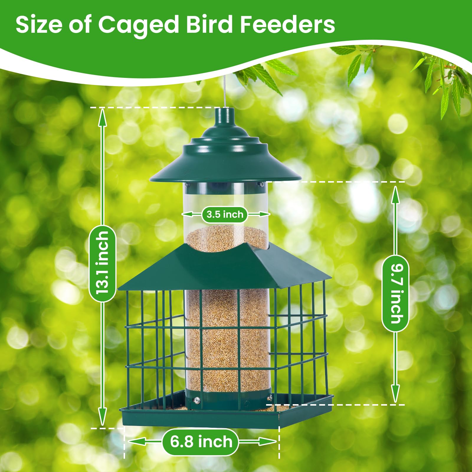 Comedero para pájaros a prueba de ardillas, jaula de metal colgante para exteriores, resistente a la intemperie, comederos para pájaros silvestres con pinzón cardenal, gran capacidad de 3.3