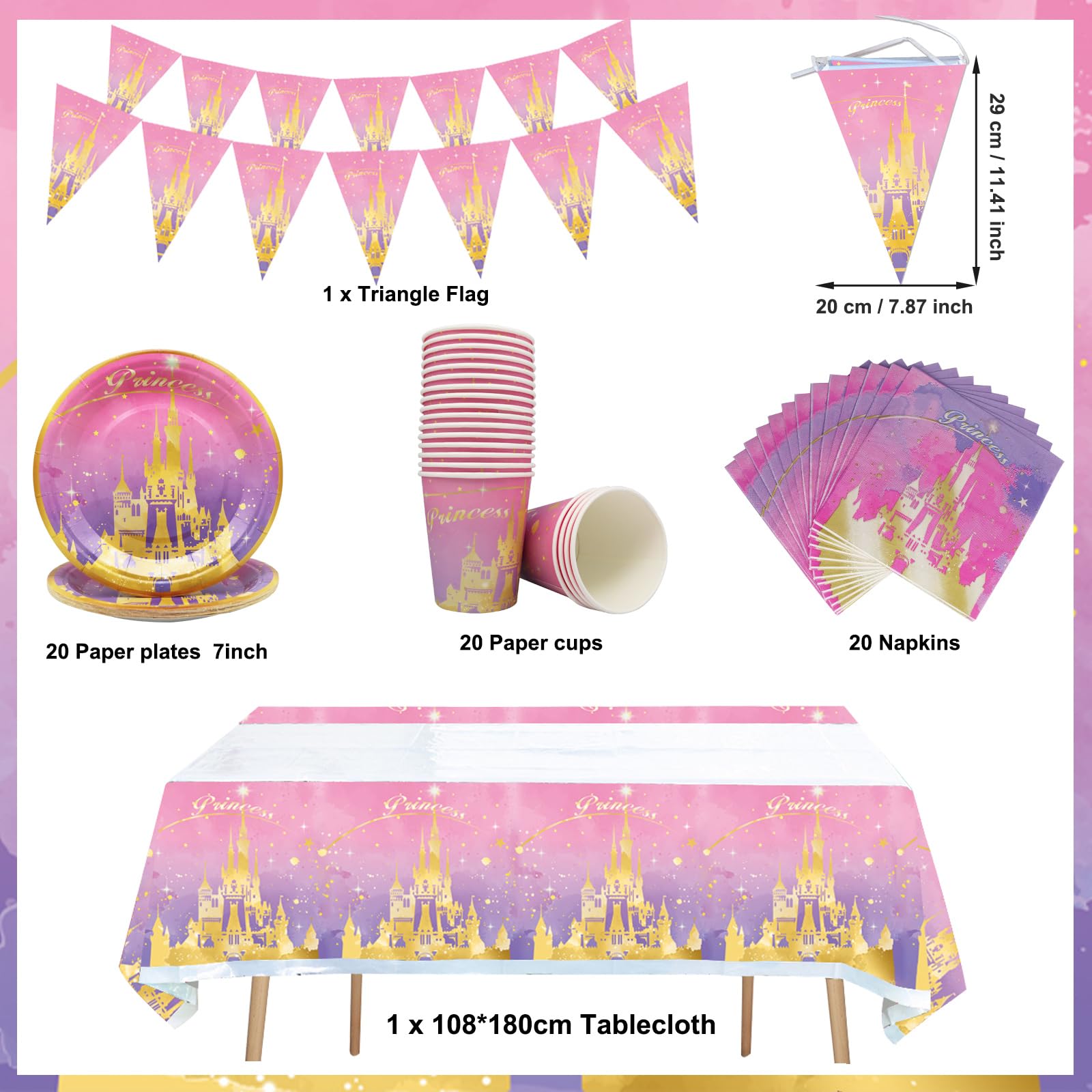 62 pezzi Bambini Set di Stoviglie per Compleanno,Doyomtoy Principesse per Festa di Complean Set Feste Piatti di Compleanno,Tazze,Tovaglioli,Tovaglie,Bandiera a triangolo Set di stoviglie Princess