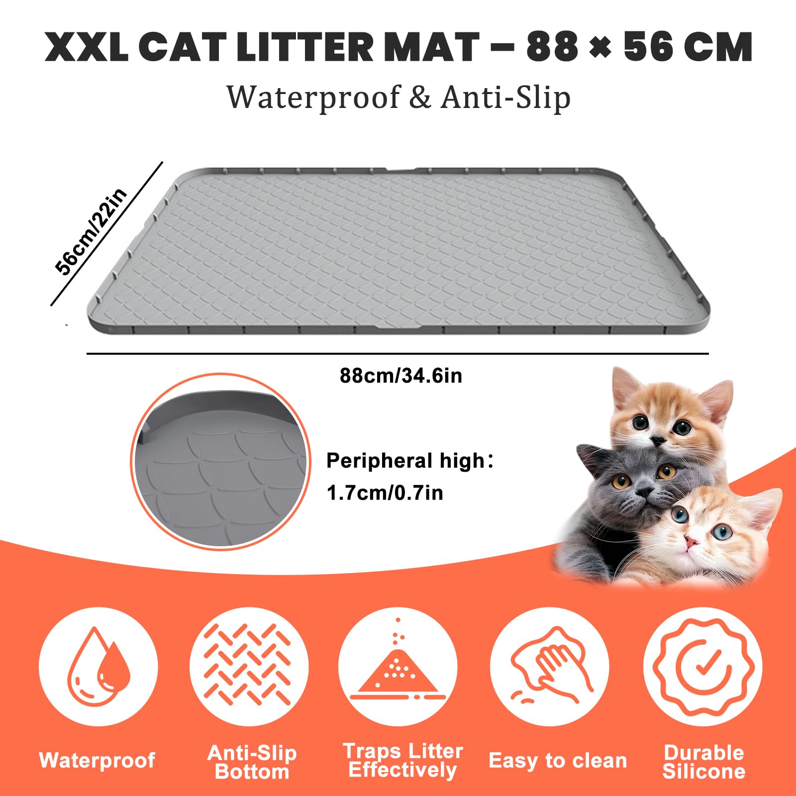 Tappetino per lettiera in silicone XXL 88 × 56 cm, impermeabile, antiscivolo e facile da pulire, tappetino extra per lettiera per gatti, grigio, zampe di gatto amichevole, per ciotola e lettiera per