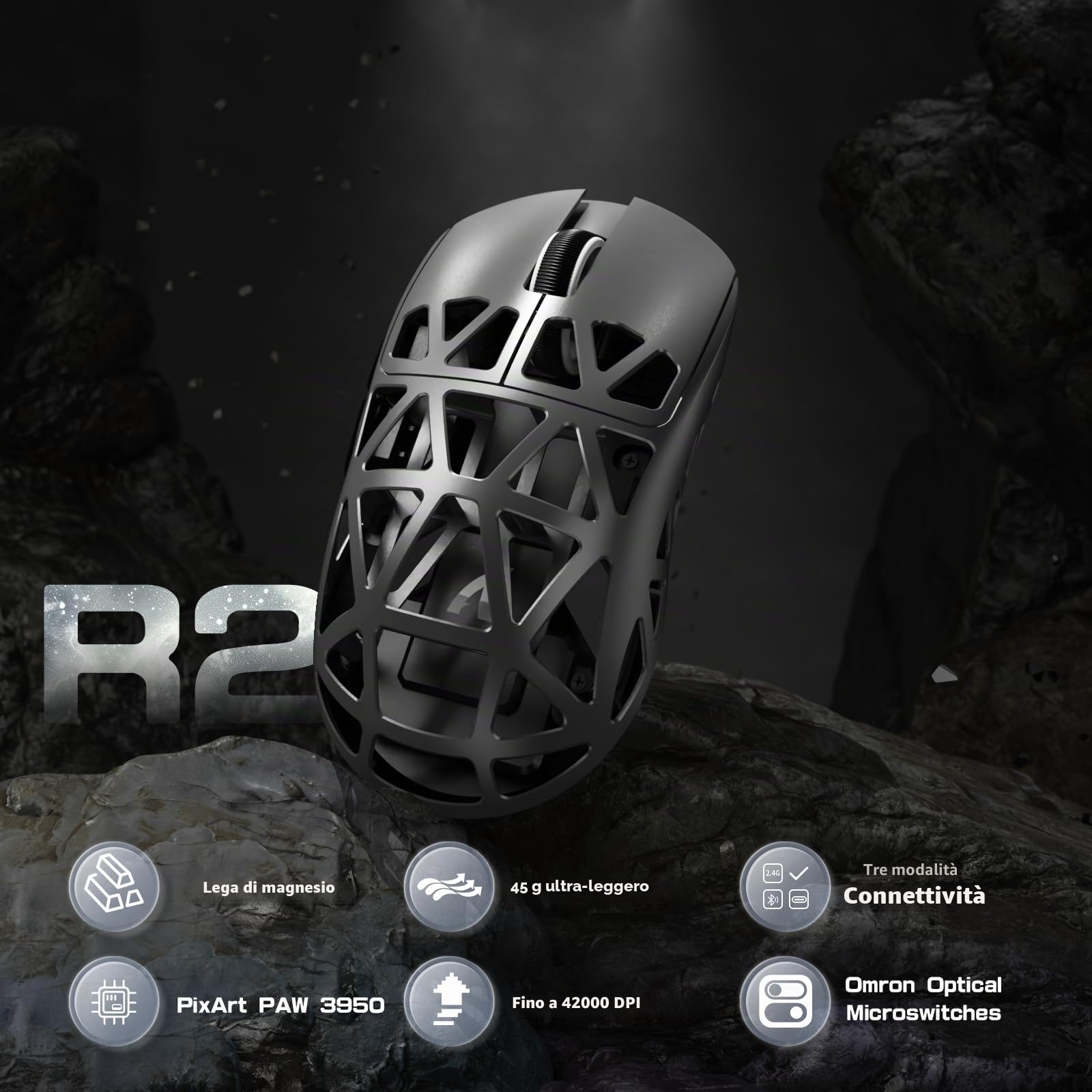 ATTACK SHARK R2PRO 45g SUPERLIGHT Gaming Mouse in Lega di Magnesio, PixArt PAW3950, 42000DPI, Wireless 8000Hz Tasso di Polling, G502 Mouse da Gioco, 2.4G/BT/Cablato, con Cavo a Spirale, PC/Mac, Grigio
