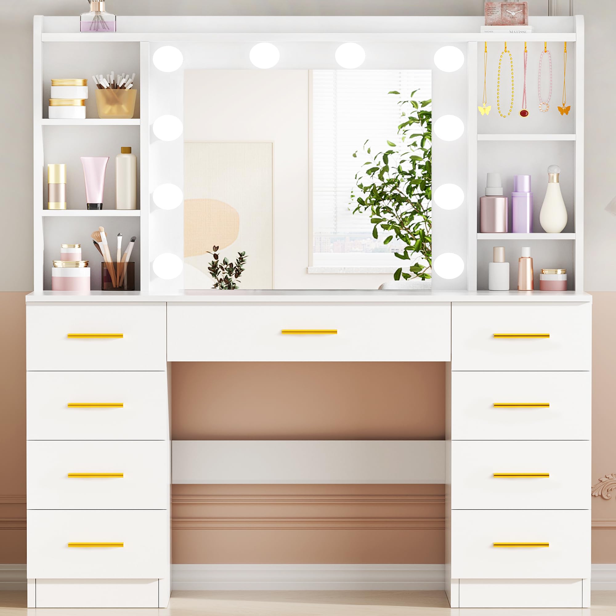 ANWBROAD Grande Coiffeuse avec Miroir et LED Éclairage, 3 Couleurs, Luminosité Réglable Table de Maquillage avec 9 Tiroirs et 6 Étagères Ouvertes 5 Crochets, Moderne Coiffeuse Blanc BDT89W
