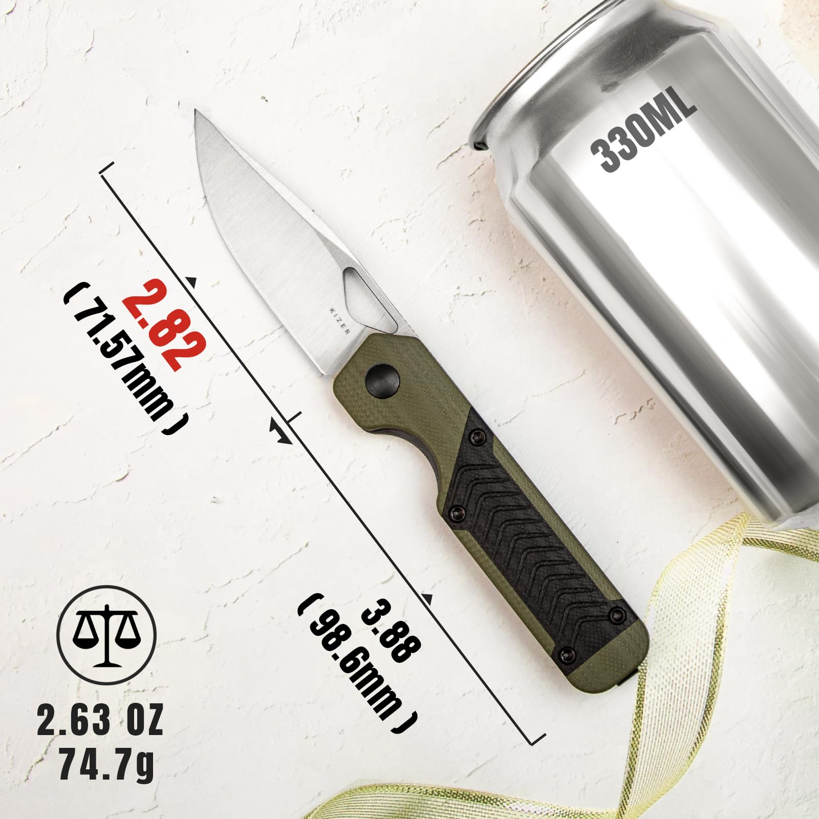 Kizer Mini Militaw V3634SA6 Navaja EDC, Nitro-V 7.16 cm, G10 Negro/Verde - Camping Caza Regalo Hombre Mujer