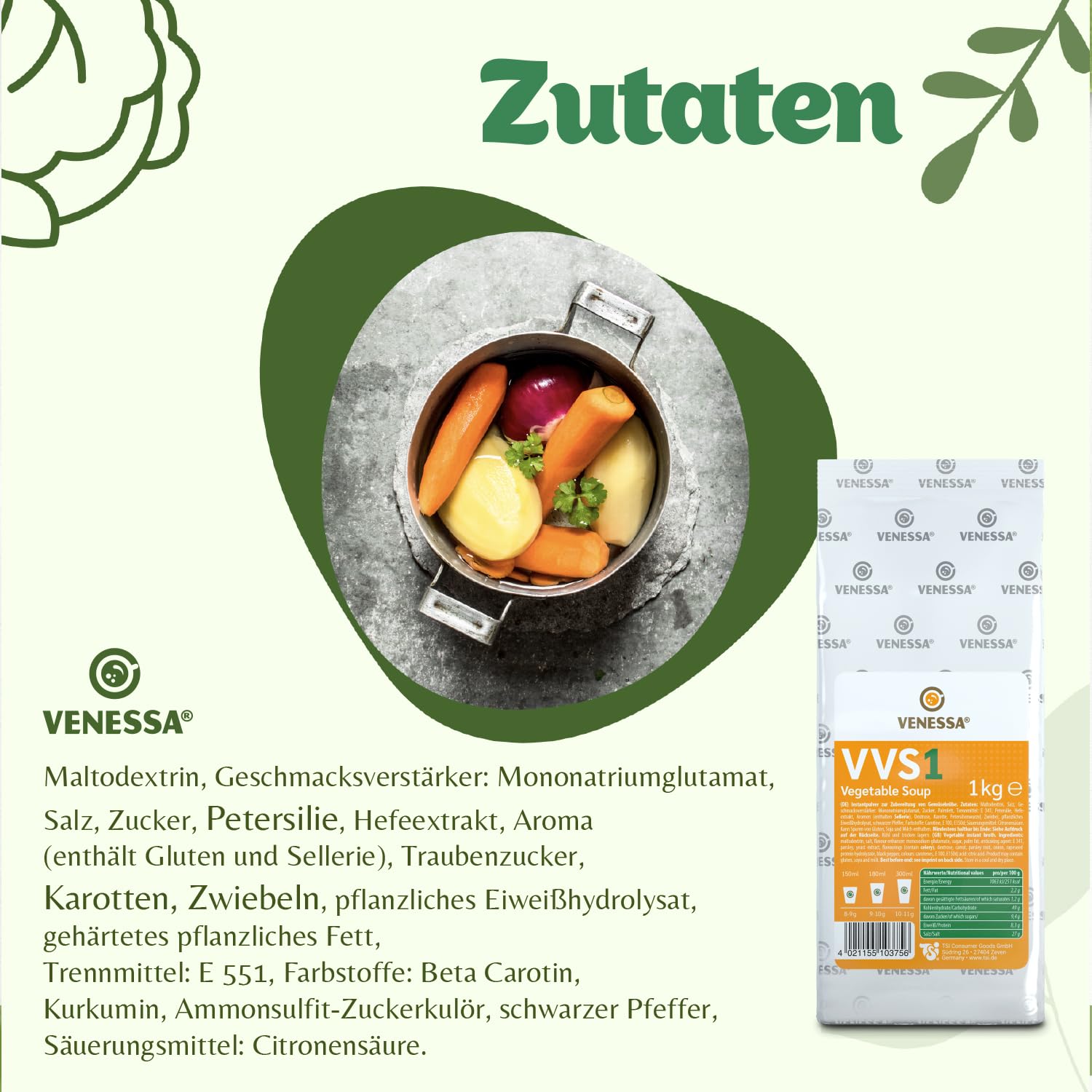 Venessa VVS1 Sopa de verduras 10 x 1 kg - Fresco y fino - Sabor vegetal natural - Soluble, sin grumos - Adecuado para todas las máquinas de café Vending, oficinas, autoridades