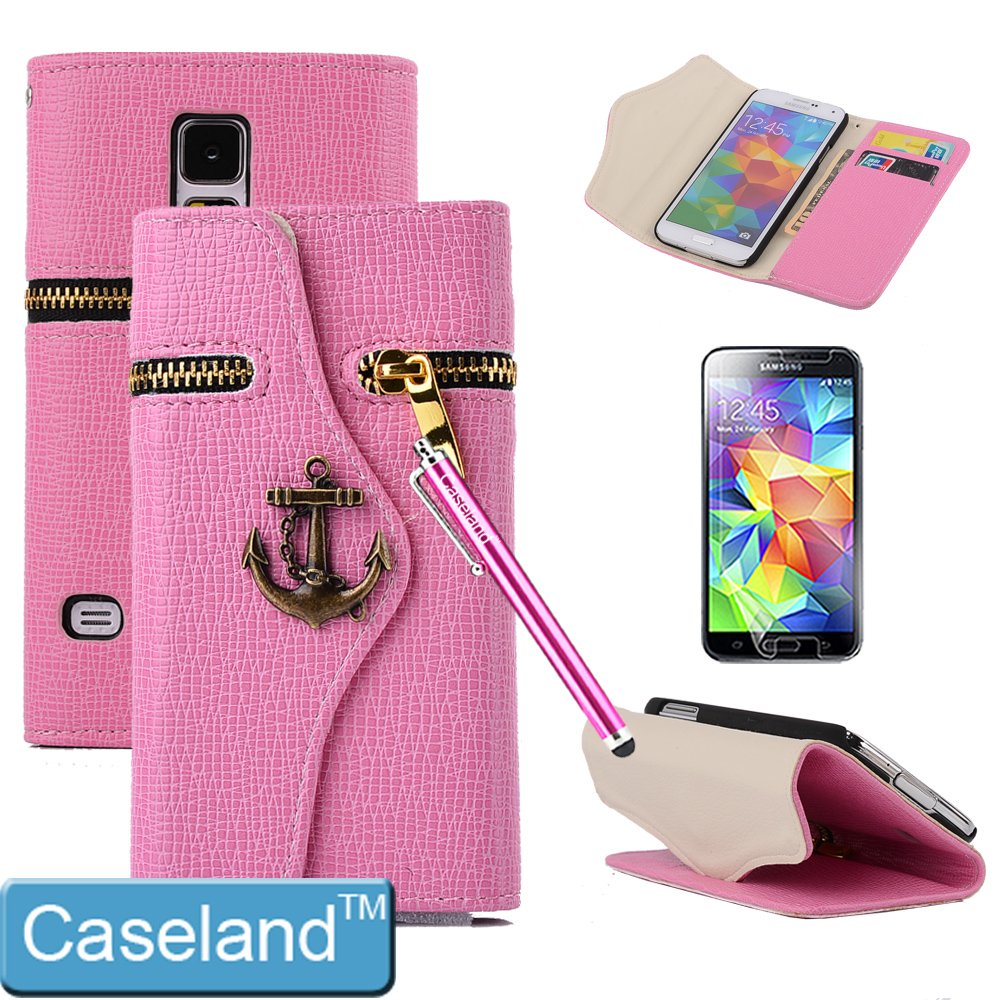 S5 Case,Galaxy S5 Wallet Case,Galaxy S5 Case By Caseland Stand Leather Folio Zipper Hidden Wallet Brass Anchor Case For Samsung Galaxy S5 I9600 Pink