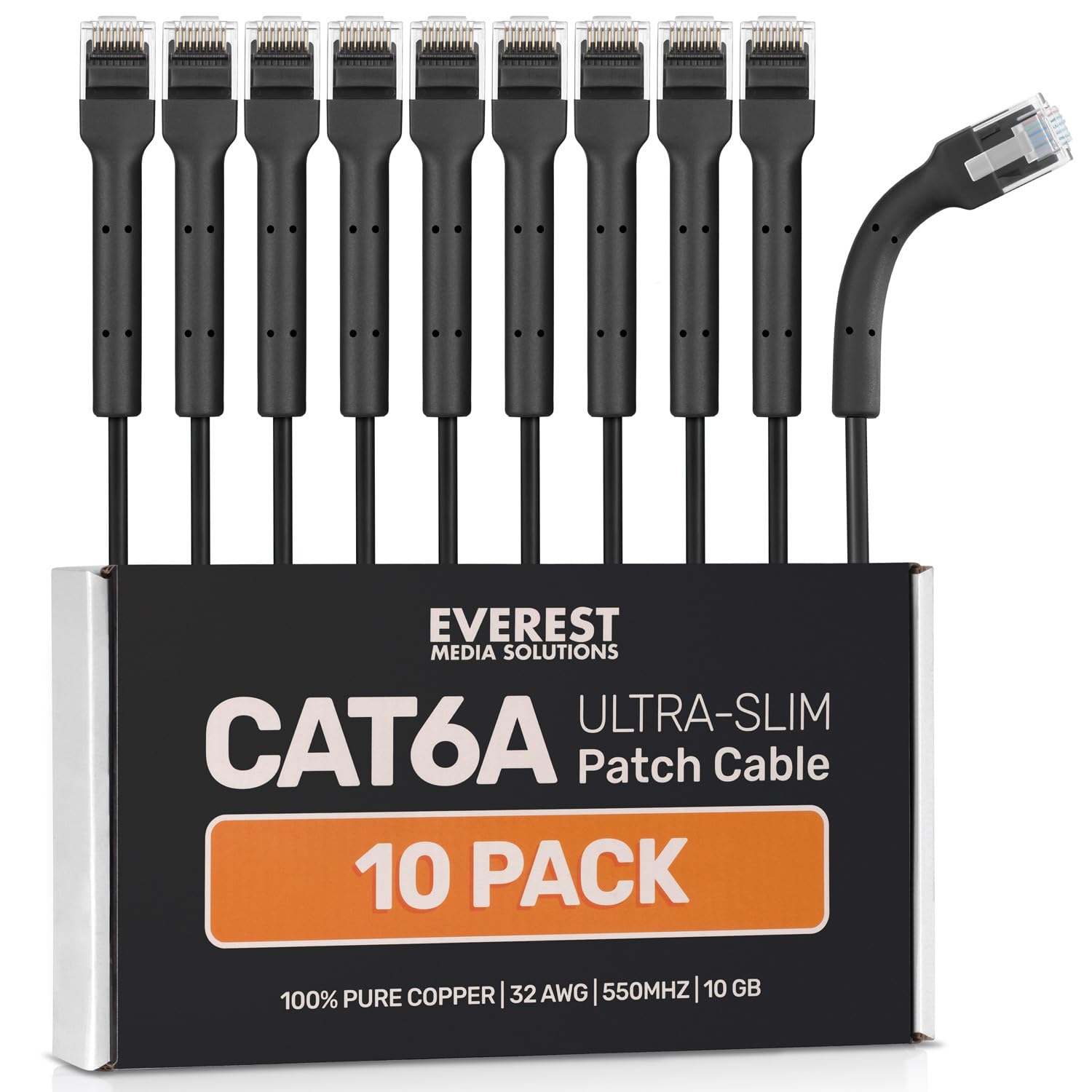 10-Pack Cat6A Ultra-Slim Patch Cable - Bendable Boot - High-Speed 10GB Ethernet Cord - Space-Saving, Fast, Durable Cat6 Patch Cables - 0.5ft, 1ft,1.5ft, 2ft, 3ft, 5ft, 6ft, 7ft, 10ft, 15ft (Black)