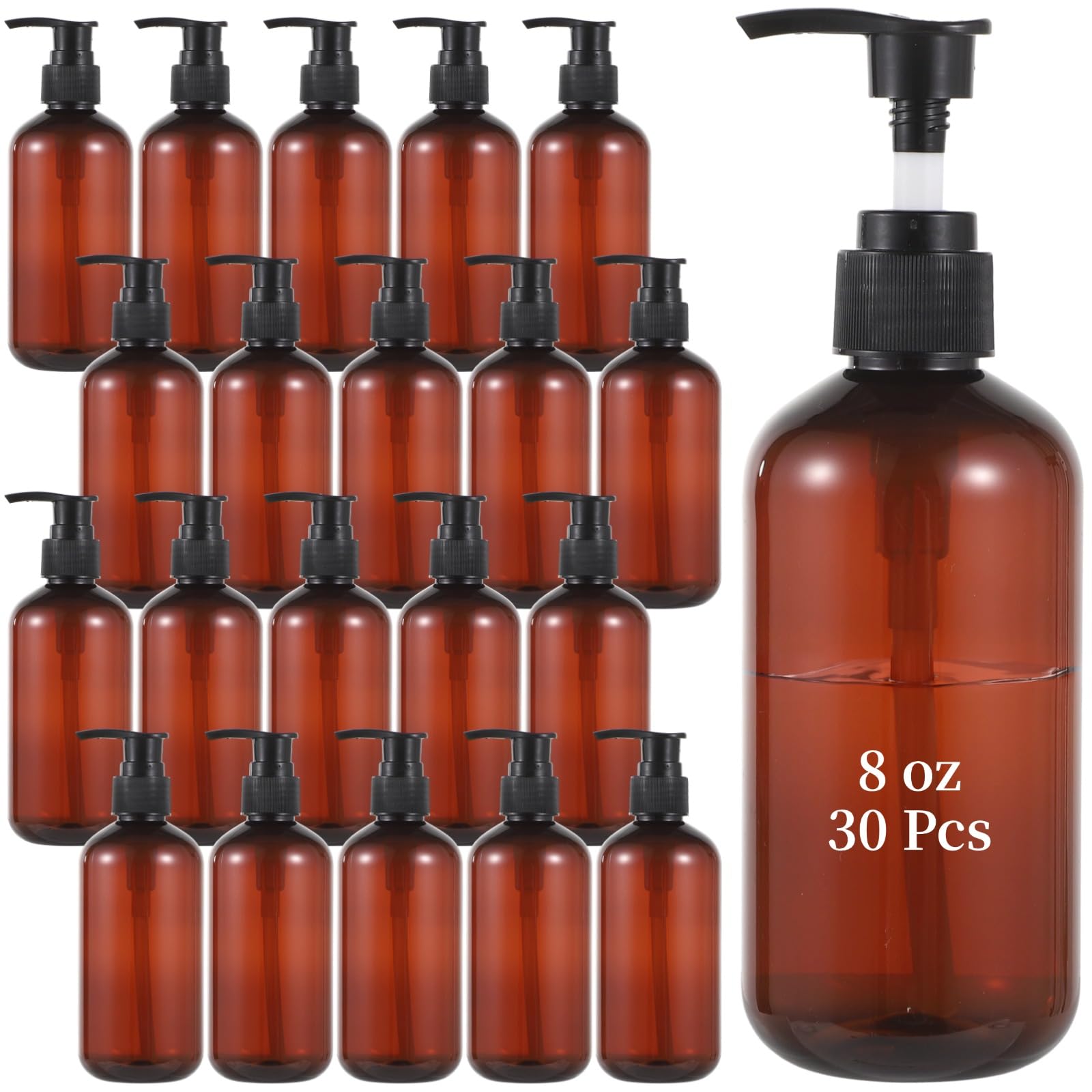 30 STK. Leere Pumpflaschen, 8 oz/236 ml bernsteinfarbene Kunststoffflaschen zum Nachfüllen, Reisespender mit Pumpe für Lotion, Duschgel, Shampoo, Conditioner und Creme