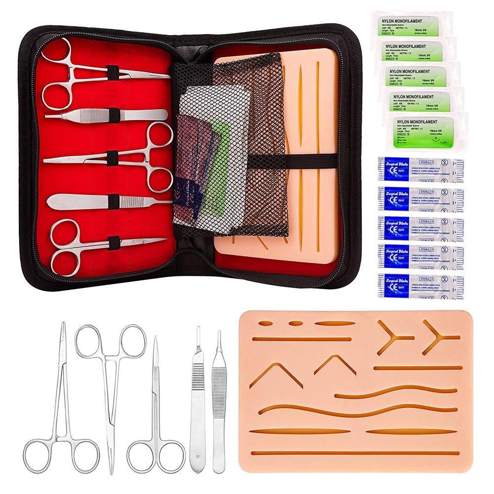 Kit completo per pratica di sutura, grande cuscinetto in silicone con 14 ferite pretagliate, allenamento per studenti di medicina, include tampone di sutura con 14 ferite pretagliate, strumenti di