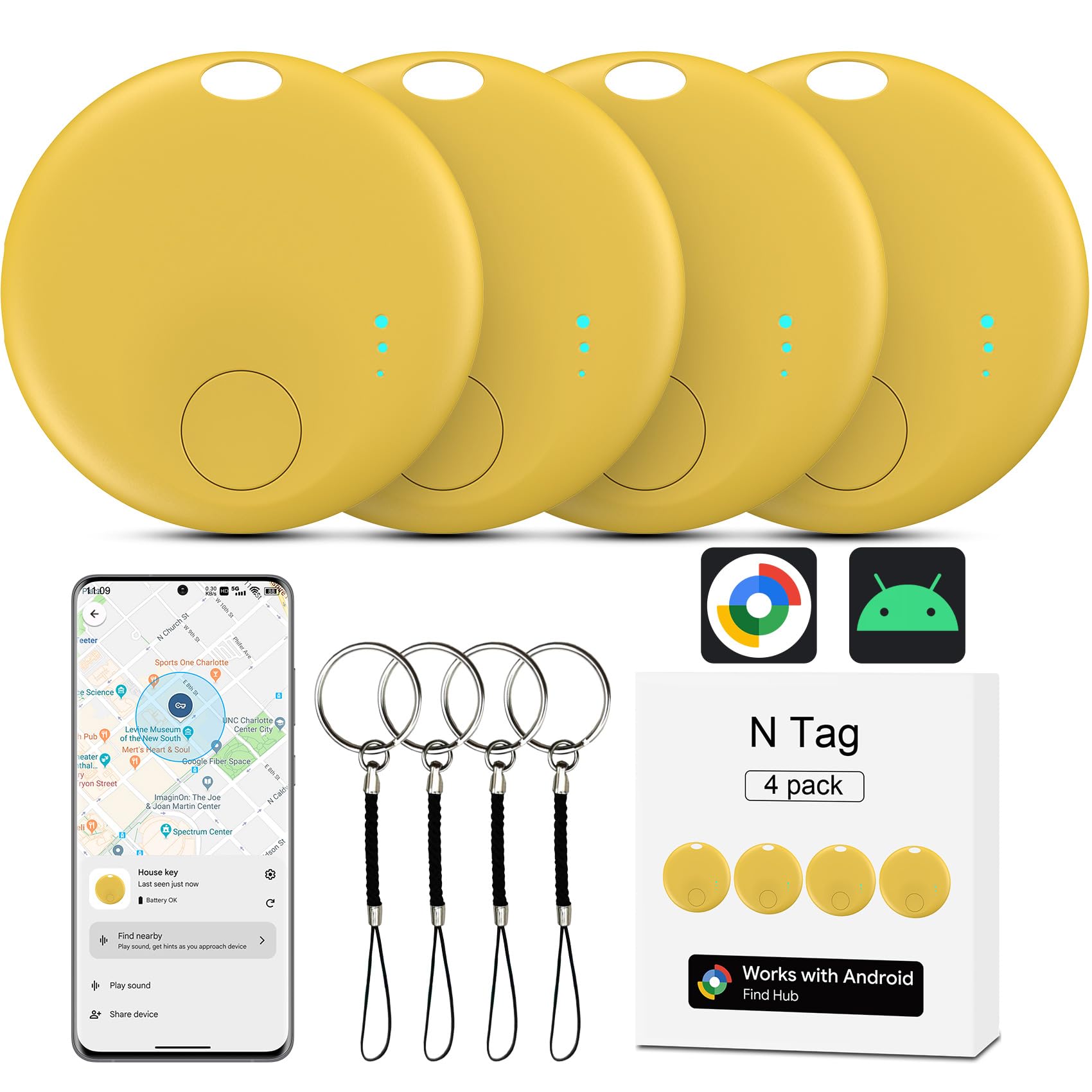 Rastreador de aire Android, 4 Rastreador Tag Localizador de objetos Bluetooth, Smart Tracker Tag Funciona con la aplicación Google Localizar (solo Android), Smart Tracker Tag para llaves, equipaje