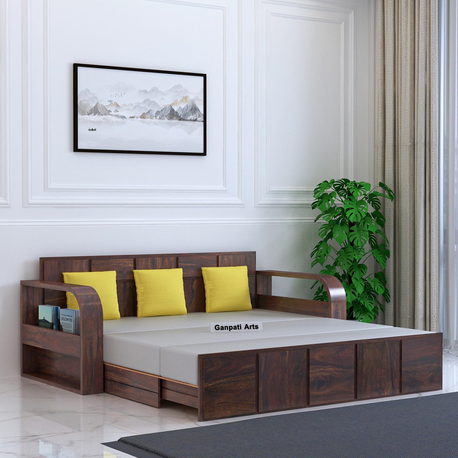 Ganpati Arts Sheesham Wood Headboard Design 3 Seater Scott Sofa Cum Bed with Side Book Storage Wooden Sofa for Living Room Home (Walnut Finish)