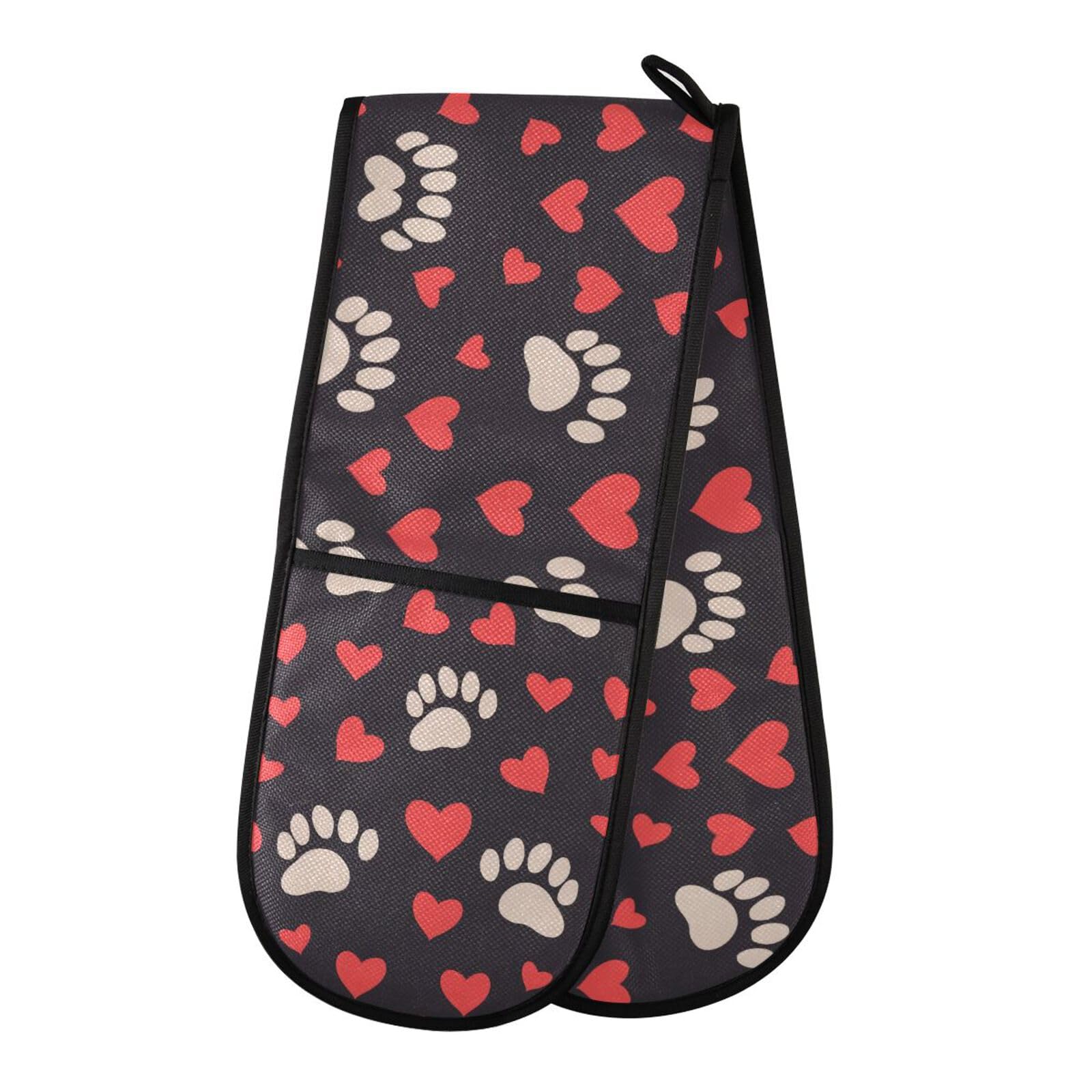 Oven Gloves Double Oven Gloves Paw Print Red Hearts Oven Mitts Pot Holder Heat Resistant Quilted for BBQ Baking Kitchen Cooking Gloves