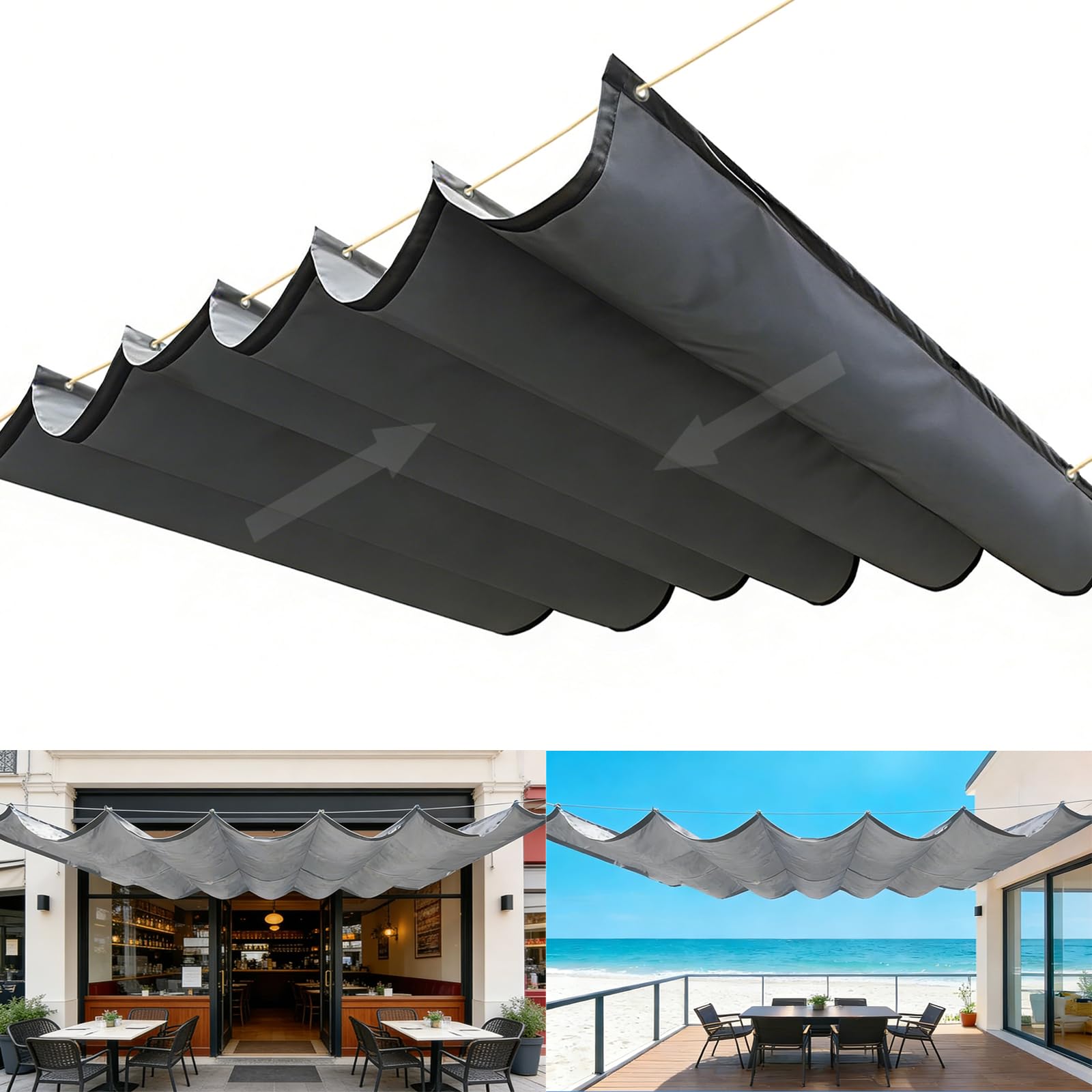 Retractable Wave Sun Shade Sail, Wave Awning Canopy with Eyelets and Rope, Adjustable Outdoor Sliding Canopy Cover Waterproof Outdoor Pergola for Garden Patio Yard-Dark gray||300x800cm
