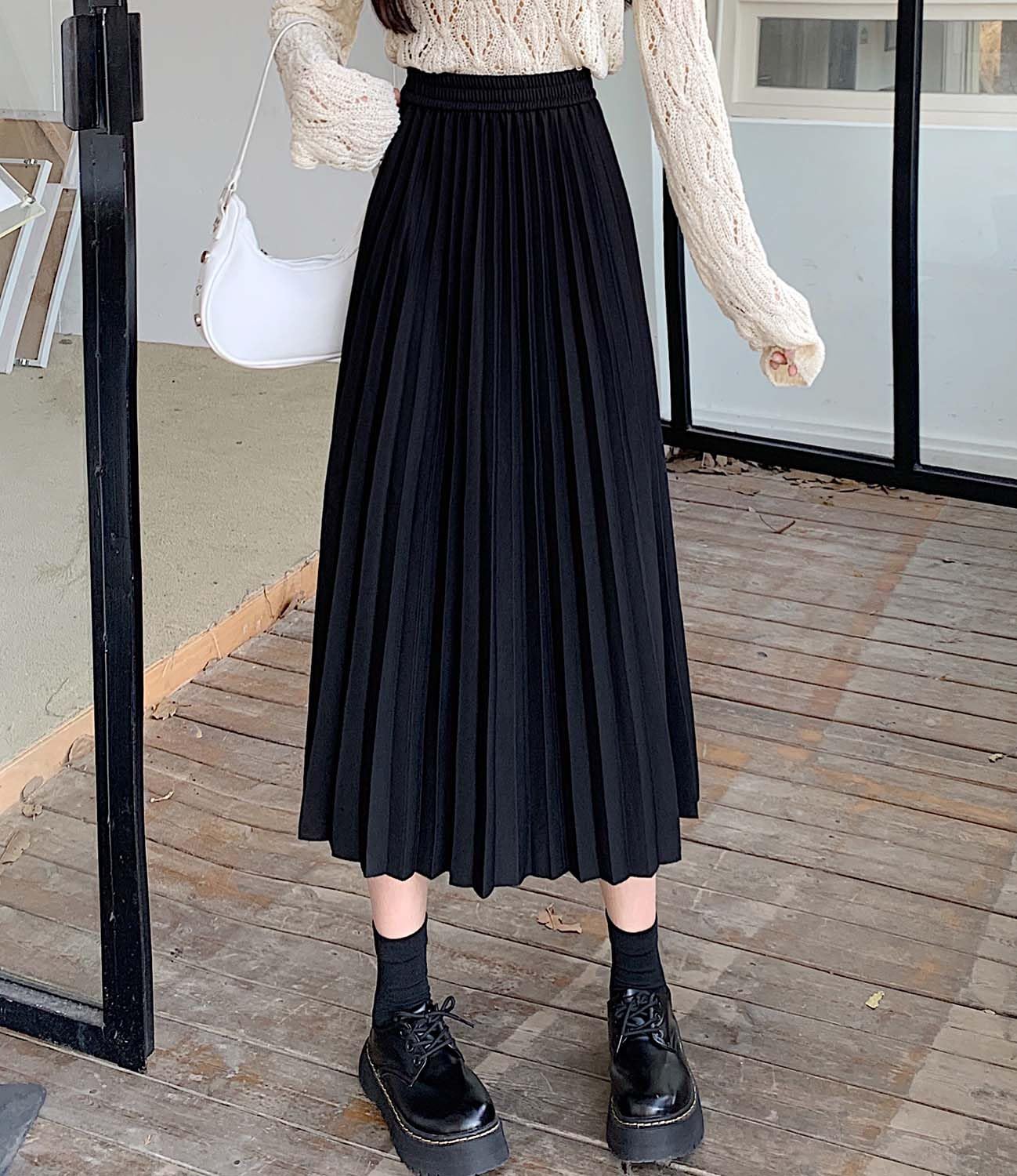 Jupe plissée midi pour femme - Taille haute - Élastique - Ligne A - Jupe longue pour femme - Automne Hiver - Tendance et décontractée