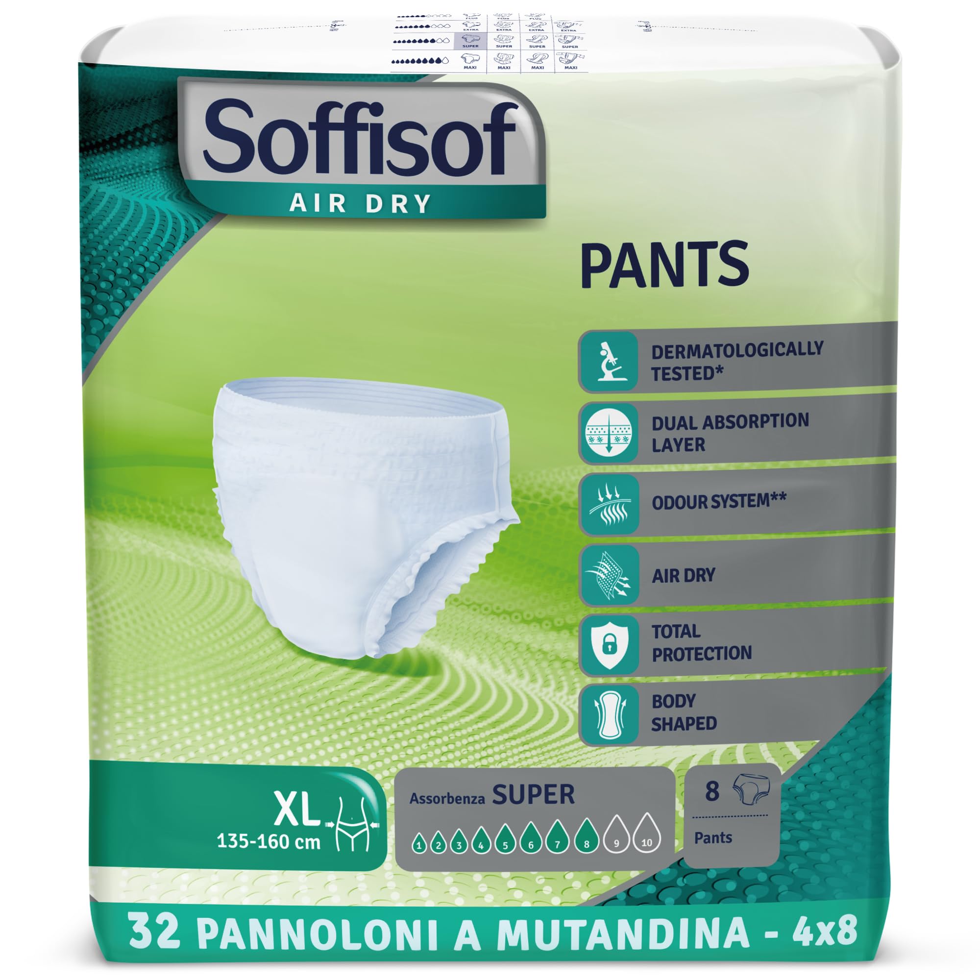 Soffisof Air Dry Pants Super XL - 32x Braga Pañal Adulto - 4 Paquetes de 8 Pañales Adultos Hombre y Mujer - Absorción Hasta 8 Gotas - Talla XL (140-160 cm)