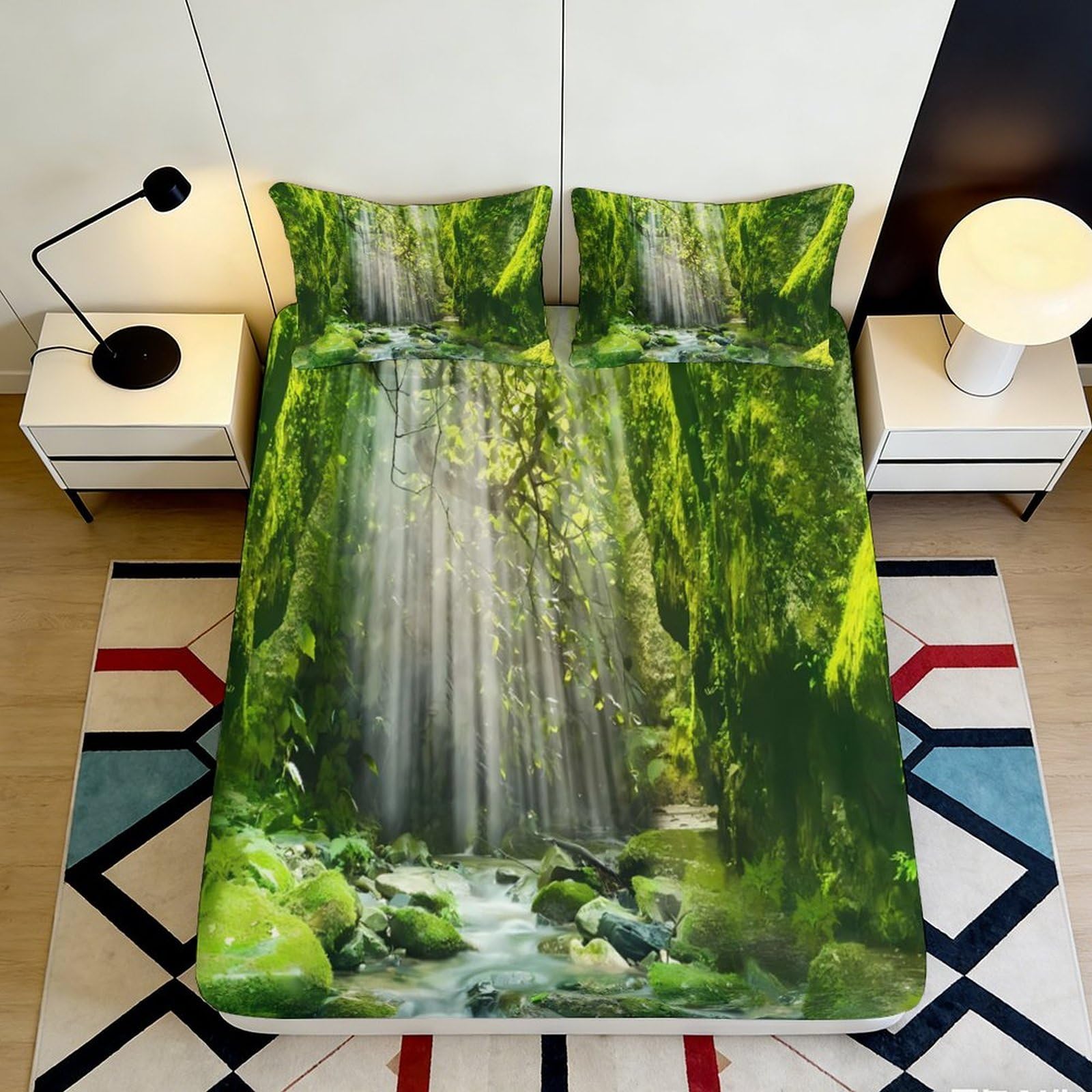 3D Printed Waterfall Forest Fitted Sheet Microfiber Soft Green Nature Stream Mattress Cover Bedroom Home Decor 90x200x25cm