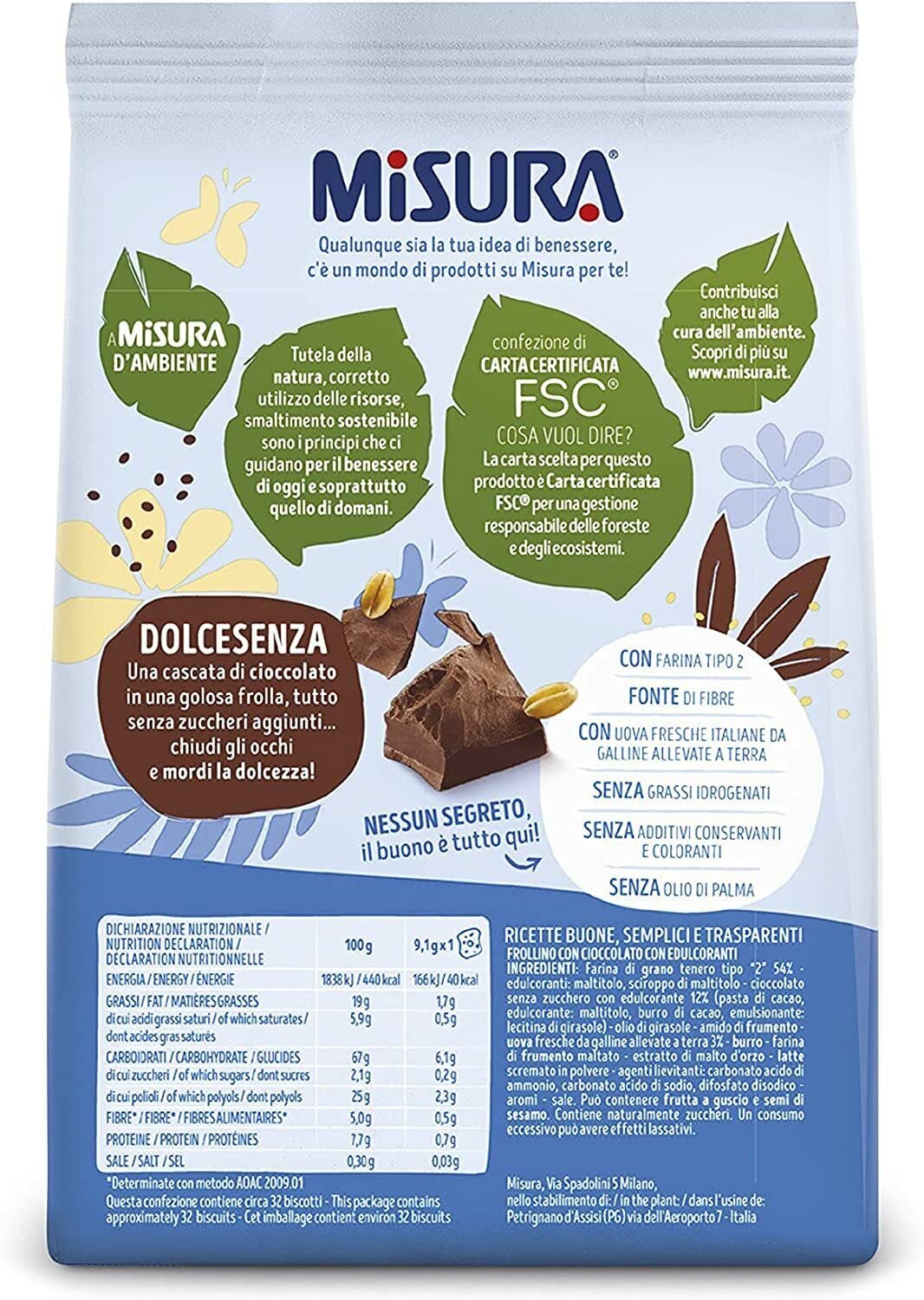 8X Misura Dolcesenza Frollini Biscotti con Scaglie di Cioccolato Senza Zuccheri Aggiunti 290g [CAIYA® BOX da 8 Confezioni]