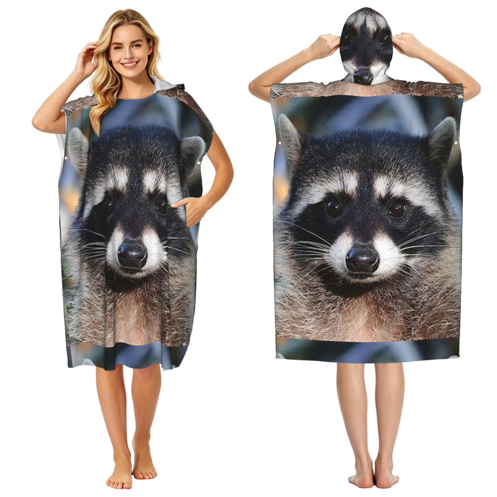 Poadnly Little Raccoon Face, Adult Hooded Beach Towel 90 x 110 cm,Changing Bath Robe, Surf Poncho Towel For Women Men