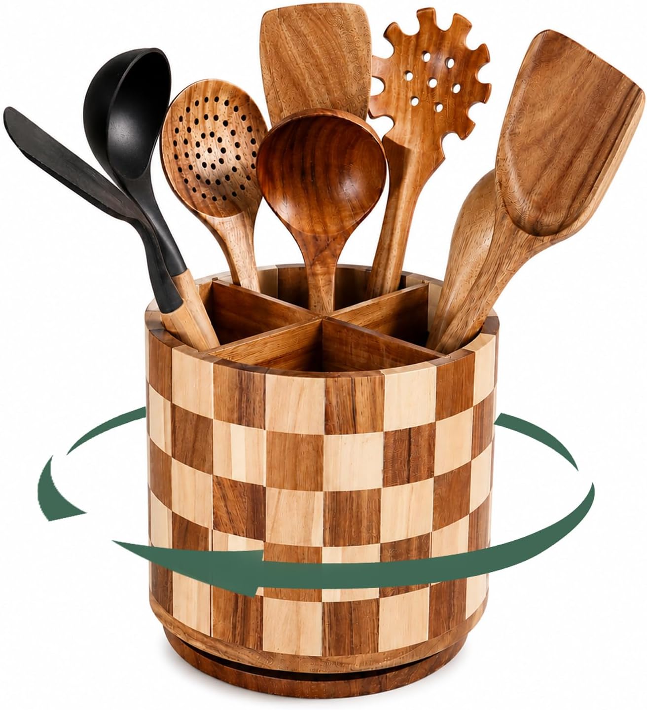 Rotating Wooden Utensil Holder – 7.8” Round Acacia Wood Kitchen Utensil Organizer with Checkered Design, Large Countertop Crock for Spatulas, Spoons & Cooking Tools, Farmhouse Kitchen Decor