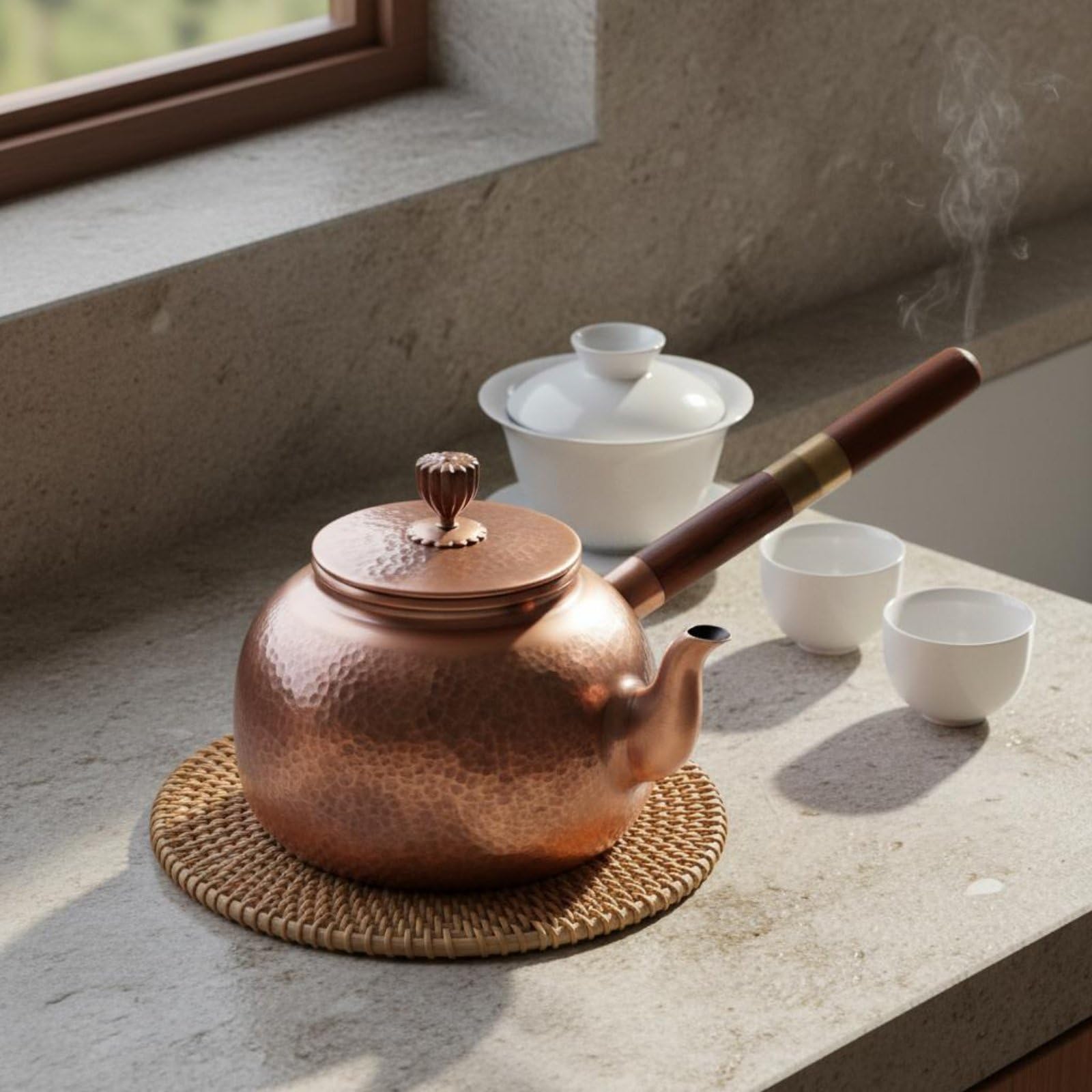 Teiera in Rame Artigianale Tradizionale Pentola Manico Termoresistente Fondo Spesso per Distribuzione Calore Bollitura Acqua Infusione Tè Adatta per Arredamento Casa Collezionismo, Cw06c1