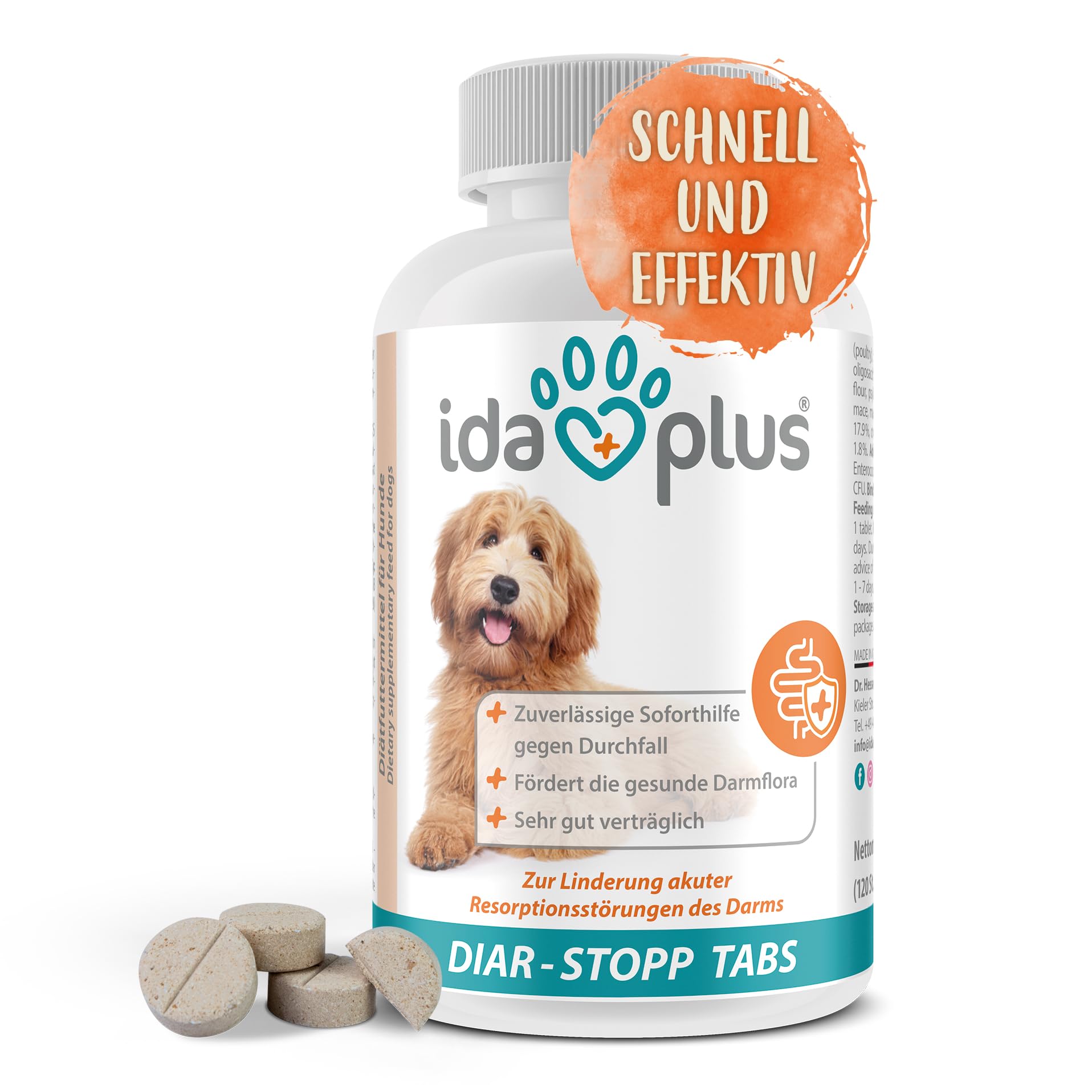 Ida Plus Diar-Stopp Tabs - Kautabletten gegen Hunde-Durchfall - Durchfallmittel - Hund-Darmflora aufbauen mit Probiotika - Darmsanierung - Stoppt Durchfall - 120 Tabletten