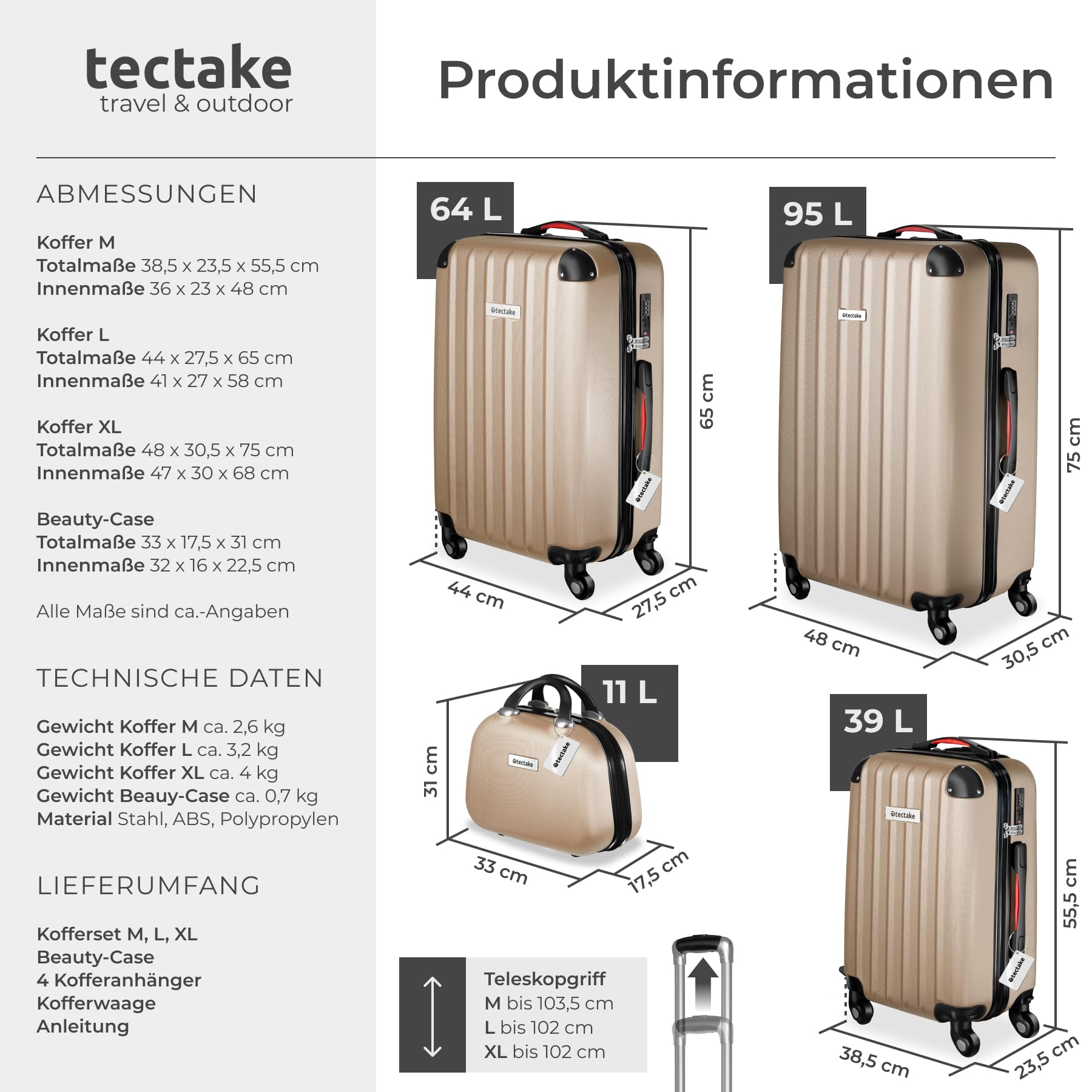 tectake® 4-teiliges Reisekoffer Kofferset inkl. Kofferwaage und Gepäckanhänger, 360° Rollen, Hartschalenkoffer mit Zahlenschloss, Koffer groß, ineinander stapelbar, Trolley Handgepäck - Champagner