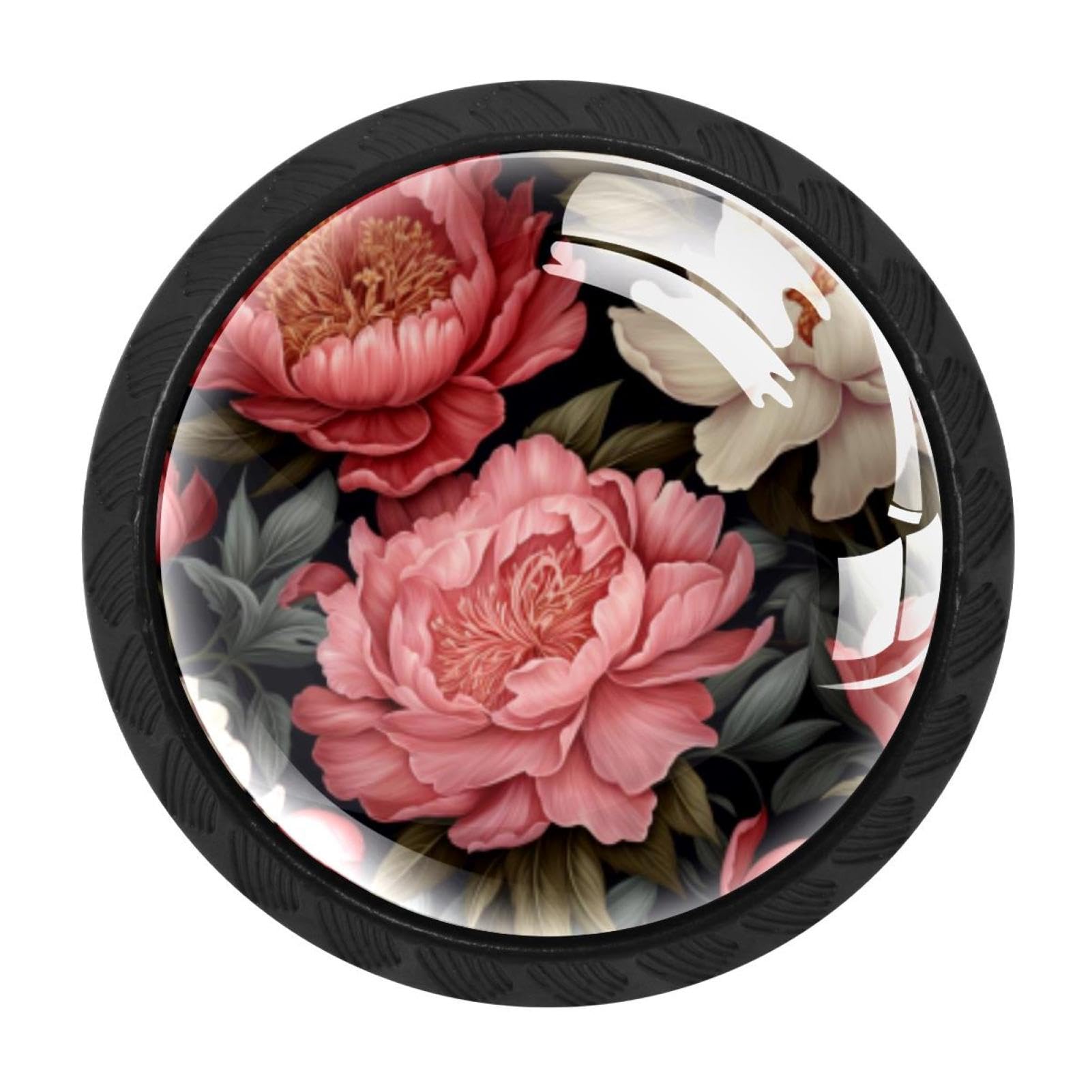 CHENZZZZ 4 Pack Black Peony Drawer Knobs, Cabinet Knobs Round Glass Knobs for Kitchen Cabinet Hardware Bathroom 35MM