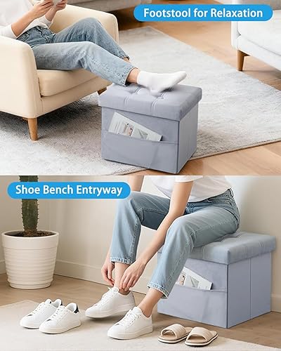 Miniatura 32 de Taburete otomano de almacenamiento, otomana plegable de 17 pulgadas con almacenamiento, banco de almacenamiento de terciopelo con bolsillo lateral,