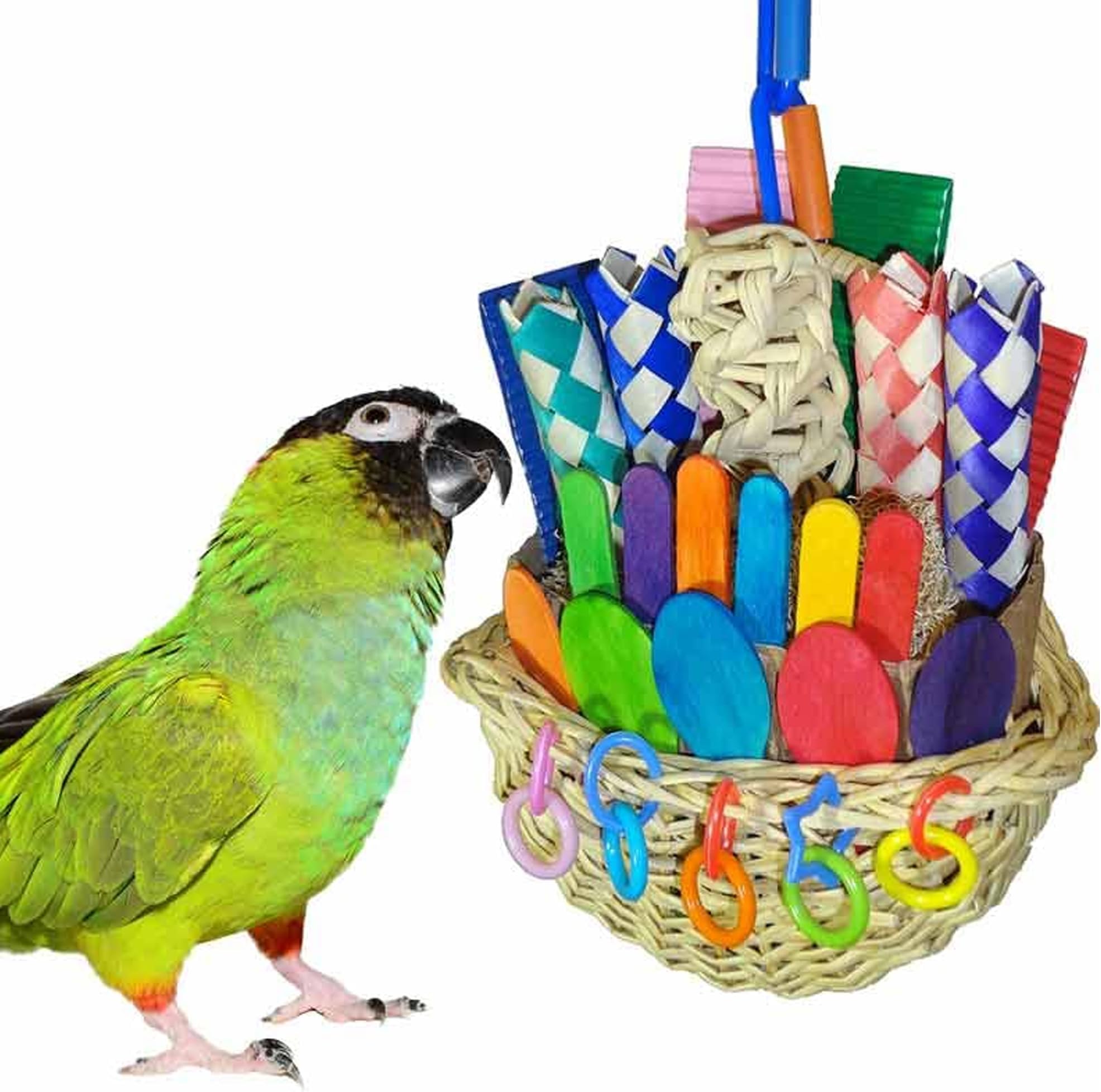 Super Bird Creations SB669 Wicker Foraging Basket Toy with Array of Chewable Toys for Parrots, Medium Size, 10” x 4” x 5”, Varies, 1 Count (Pack of 1)