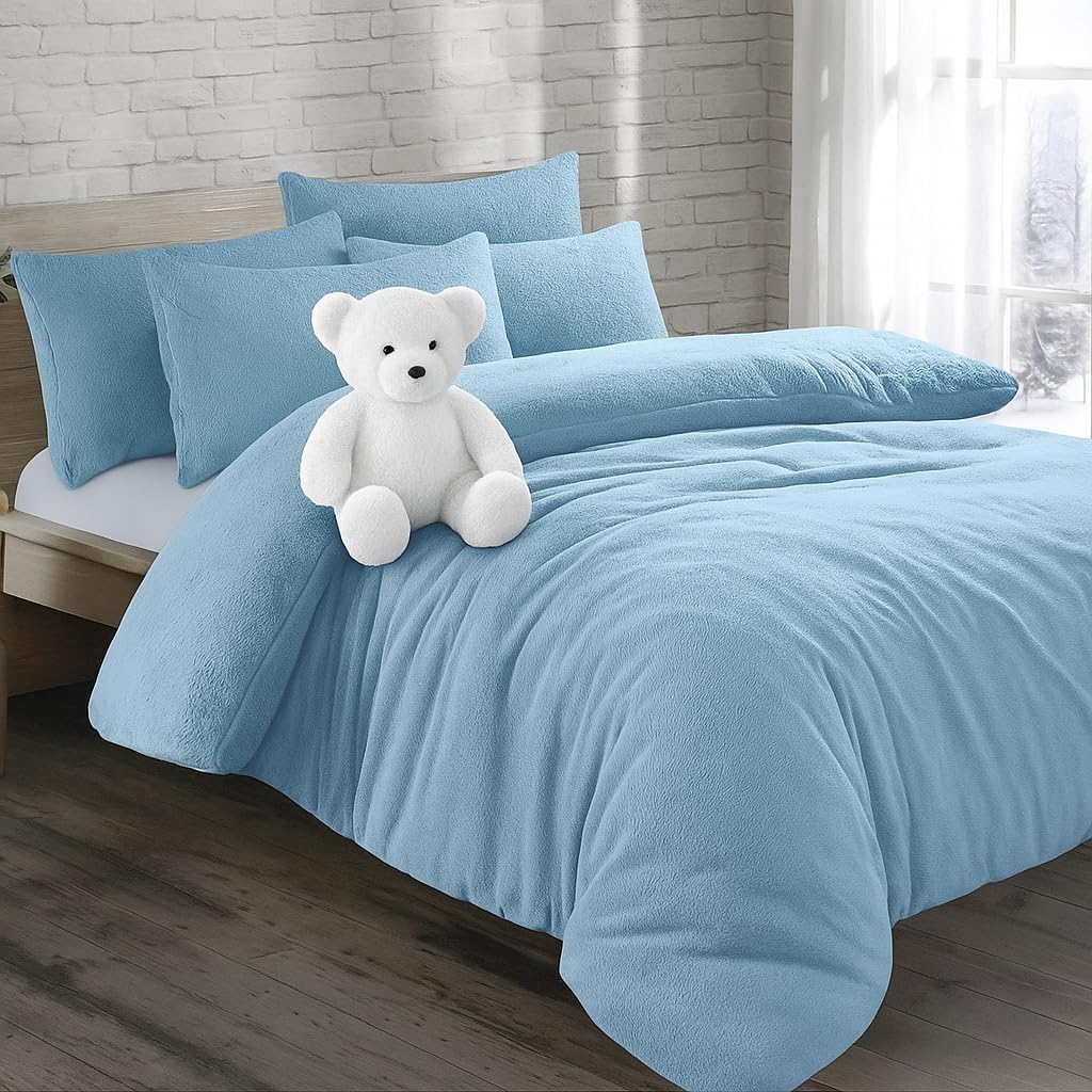 KD HOME EVERYTHING YOU NEED Teddy Bear Fleece Super Soft Fluffy Warm and Cosy Duvet Sets with matching Fitted Sheet and Pillowcases (Light Blue, Doubel Duvet Set)