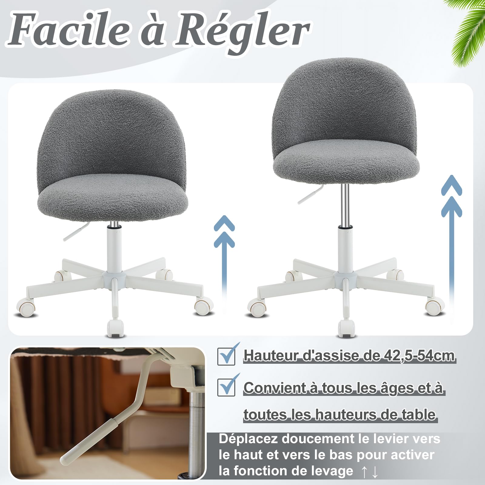 Bonnlo Chaise de Bureau Mignonne sans Accoudoirs, Petite Chaise Confortable, Fauteuil de Coiffeuse avec Support Lombaire, Chaise Pivotante Réglable pour Bureau, Chambre, en Teddy (Gris)