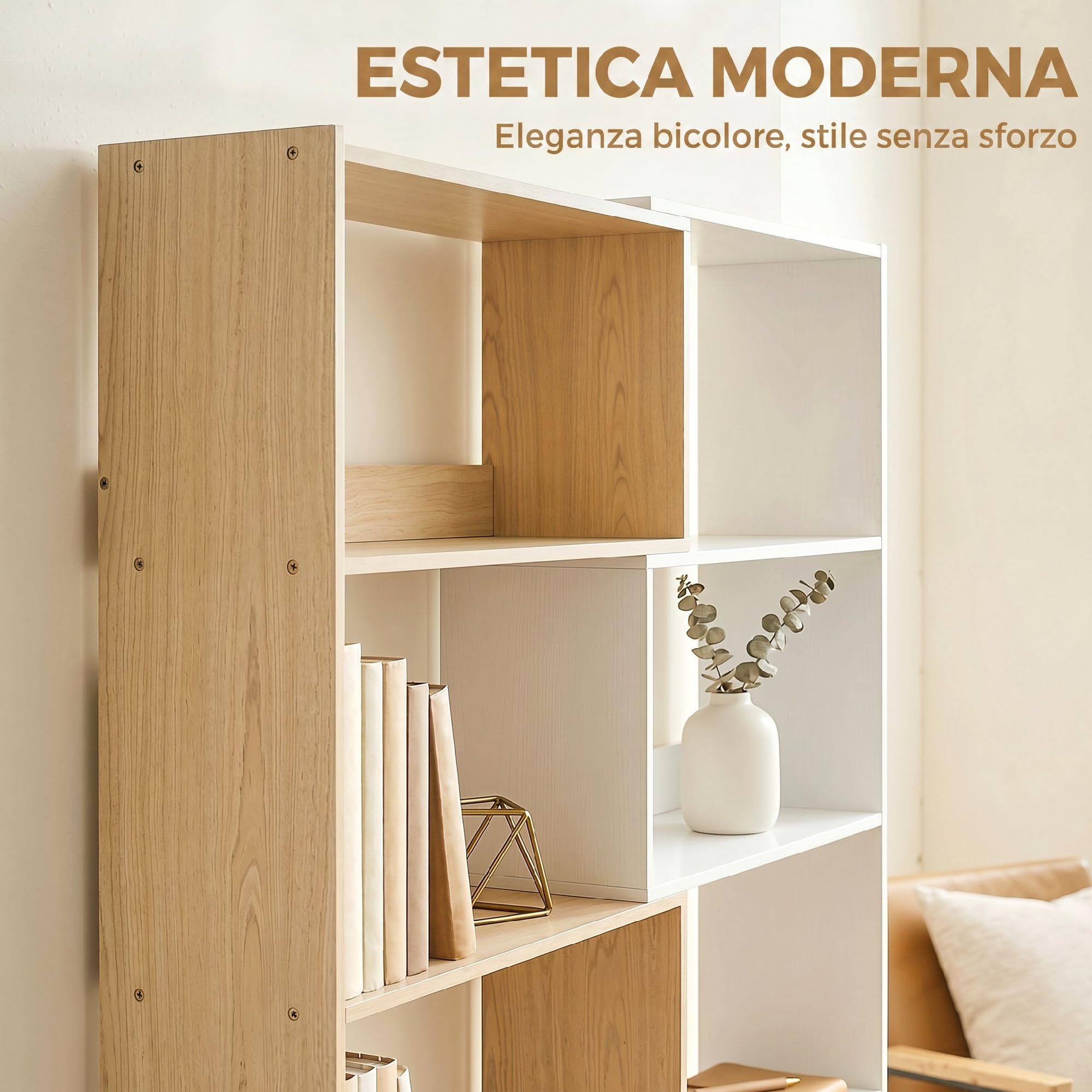 HOMCOM Libreria Scaffale a 5 Ripiani, Design Rotante a 350°, 3 Modi di Disporre, Libreria Angolare ad L Salvaspazio, Scaffale Portaoggetti per Soggiorno Ufficio, 111.5x23.8x163.7 cm Color Legno/Bianco
