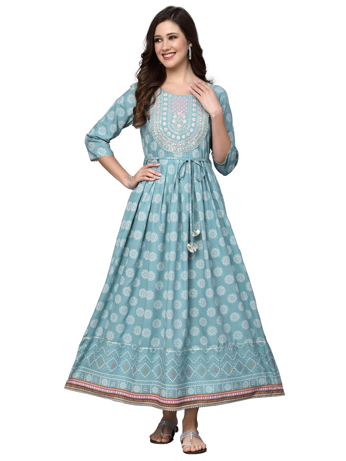 Stylum Women's Printed & Embroidered Rayon Flared Kurta (Aquazubby_Blue) (X-Small, Blue)