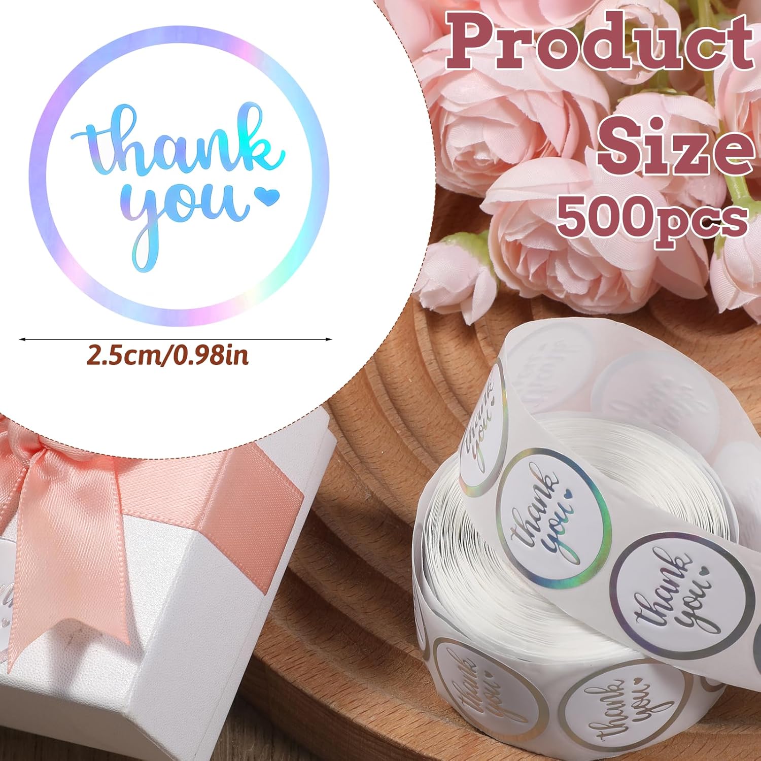 Thinp 500 Pcs Thank You Stickers for Small Business, 1 Inch Holographic Thank You Stickers for Packaging Round Sticker Labels for Business Gift Wrapping Envelopes Sealing Party Favor - Image 2