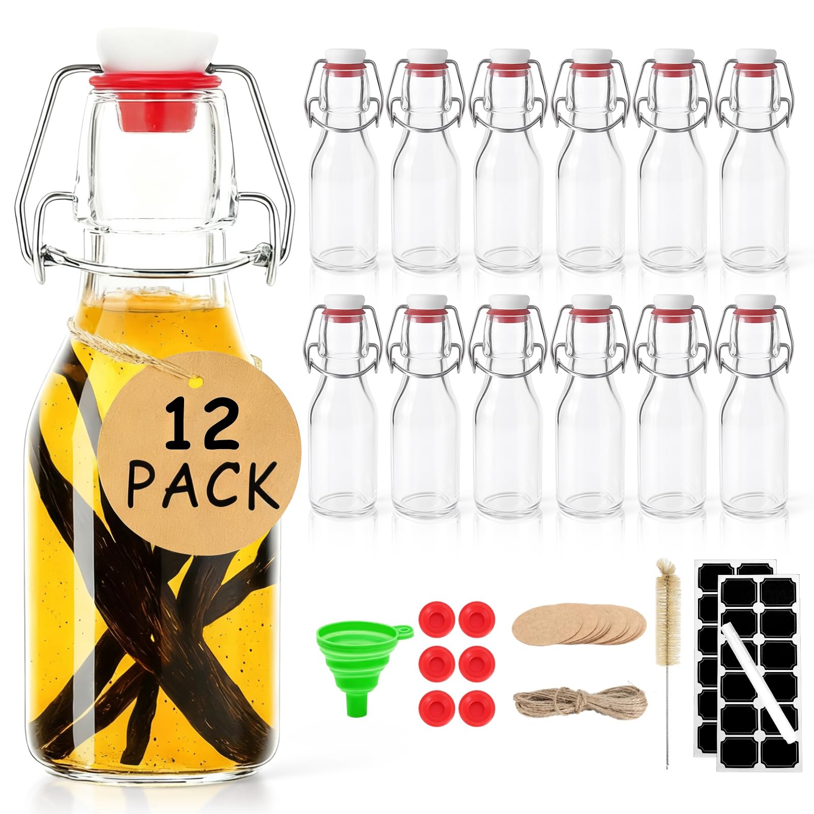 Ruckae 12pack 4oz Swing Top Glass Bottles with Airtight Lids for Vanilla