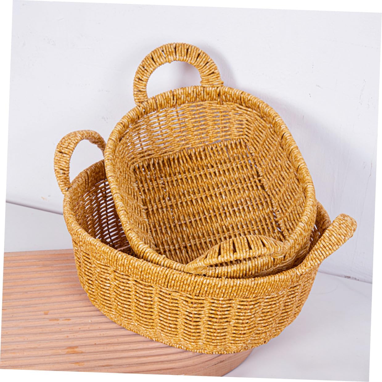 Tofficu Large Oval Deep Fruit and Bread Basket Handles, Plastic Imitation Rattan Proofing and Serving Tray for Kitchen Storage and Outdoor Picnic Use