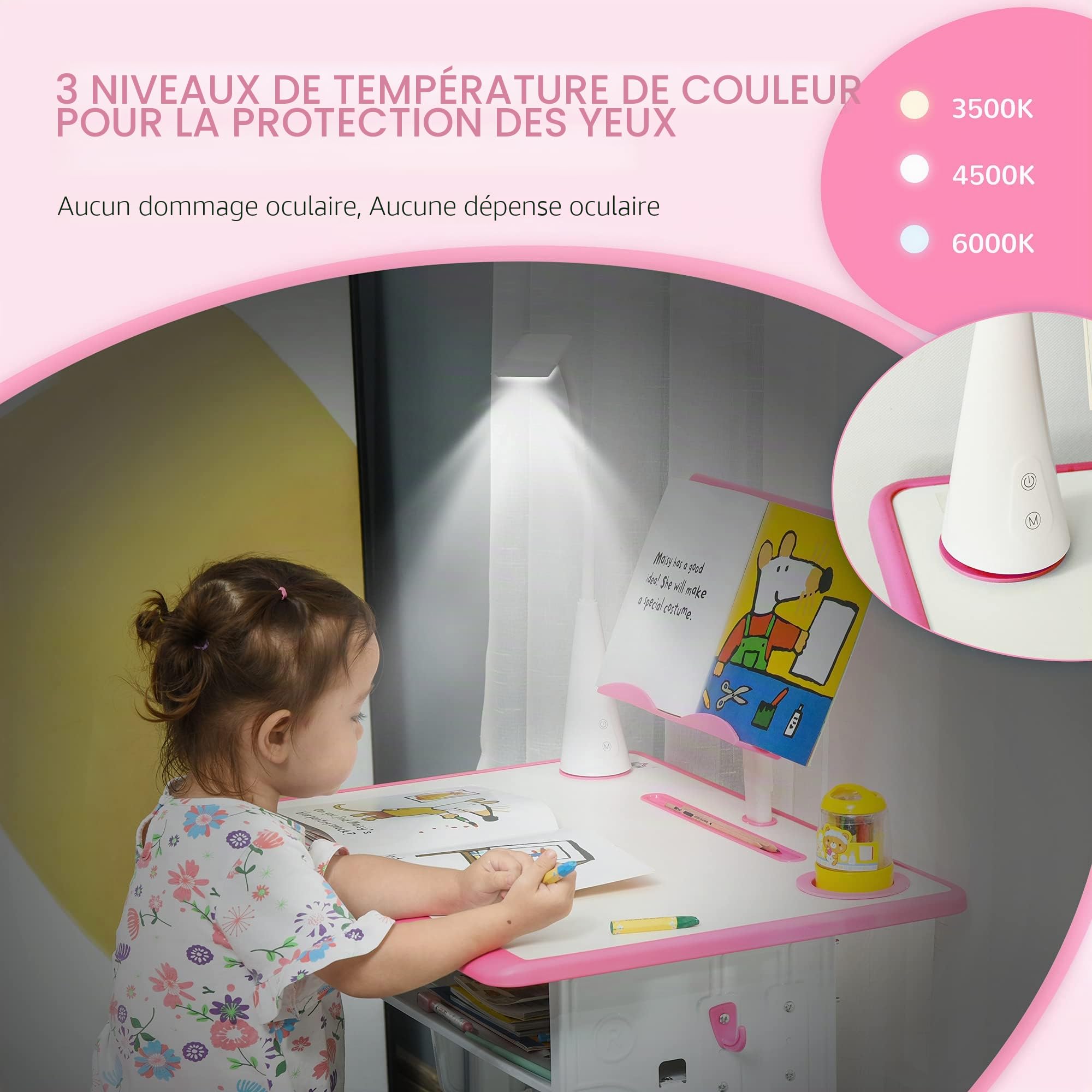 HOMCOM Ensemble Bureau Enfant réglable en Hauteur, Table d'étude, Rose