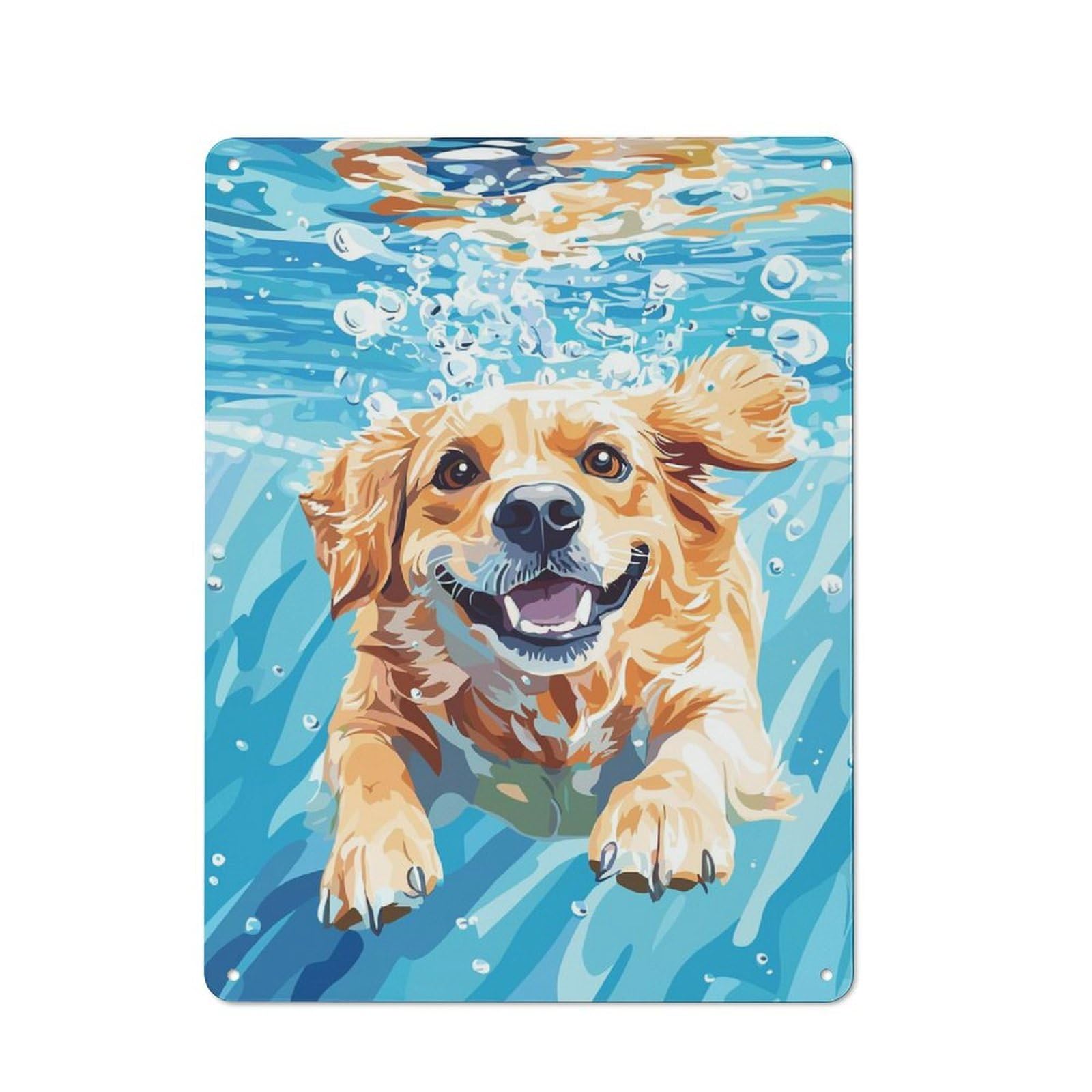 Junmoney Style-7 Retro Metal Wall Sign 40X30cm With Happy Dog Swimming Underwater Illustration For Bar Or Restaurant, Autumn Wall Decor For Restaurant Interior Fans
