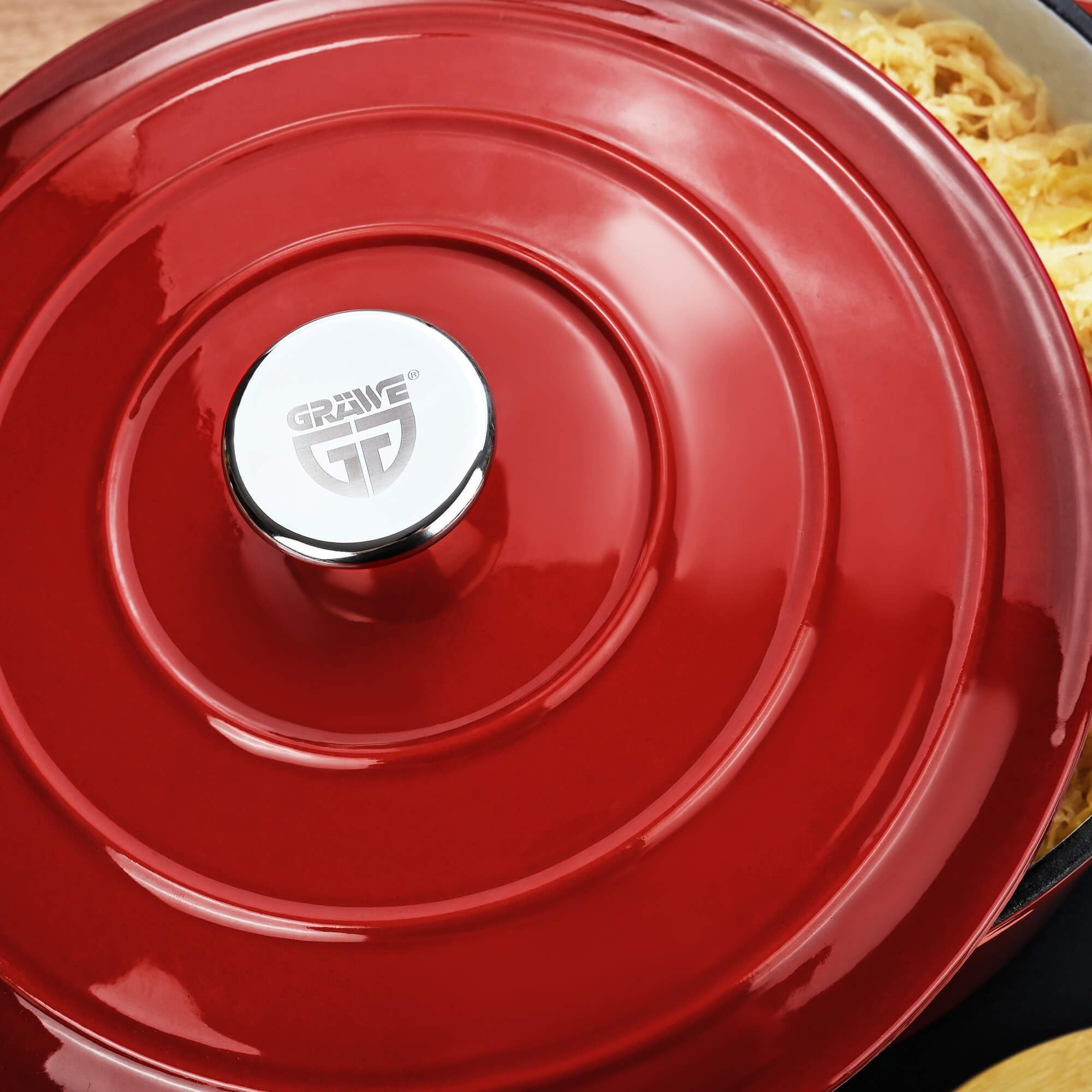 GRÄWE Gusseisentopf, Rot, Ø 26 cm, 4,5 L, 11,5 cm hoch, Schmortopf, Bräter, mit Deckel, Bratentopf, Brottopf, Brotbacktopf, Kochtopf, Emaille-Topf