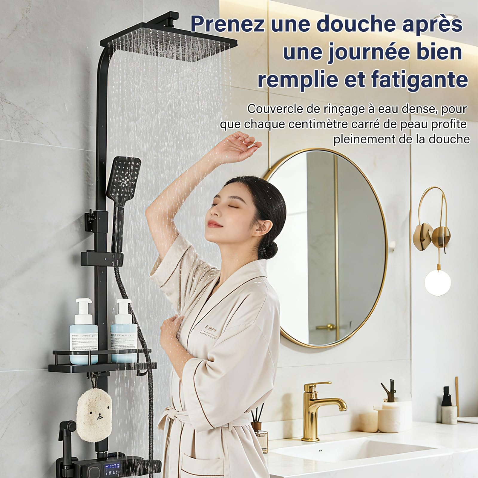 Thermostatique Noir Colonne de Douche avec Mitigeur 38°C Ensemble de Douche avec 4 Fonctions Hauteur Réglable Système de Douche à Tête Carrée avec Douchette à Main pour Salle de Bain