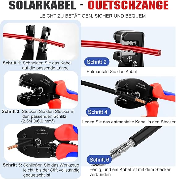 Solar Panel Connectors Kit with Crimping Tool,10 Pairs Male Female PV Connectors for 2.5/4/6 mm²(10-14 AWG), Includes Solar Crimper, Wire Stripper & 2 Spanners